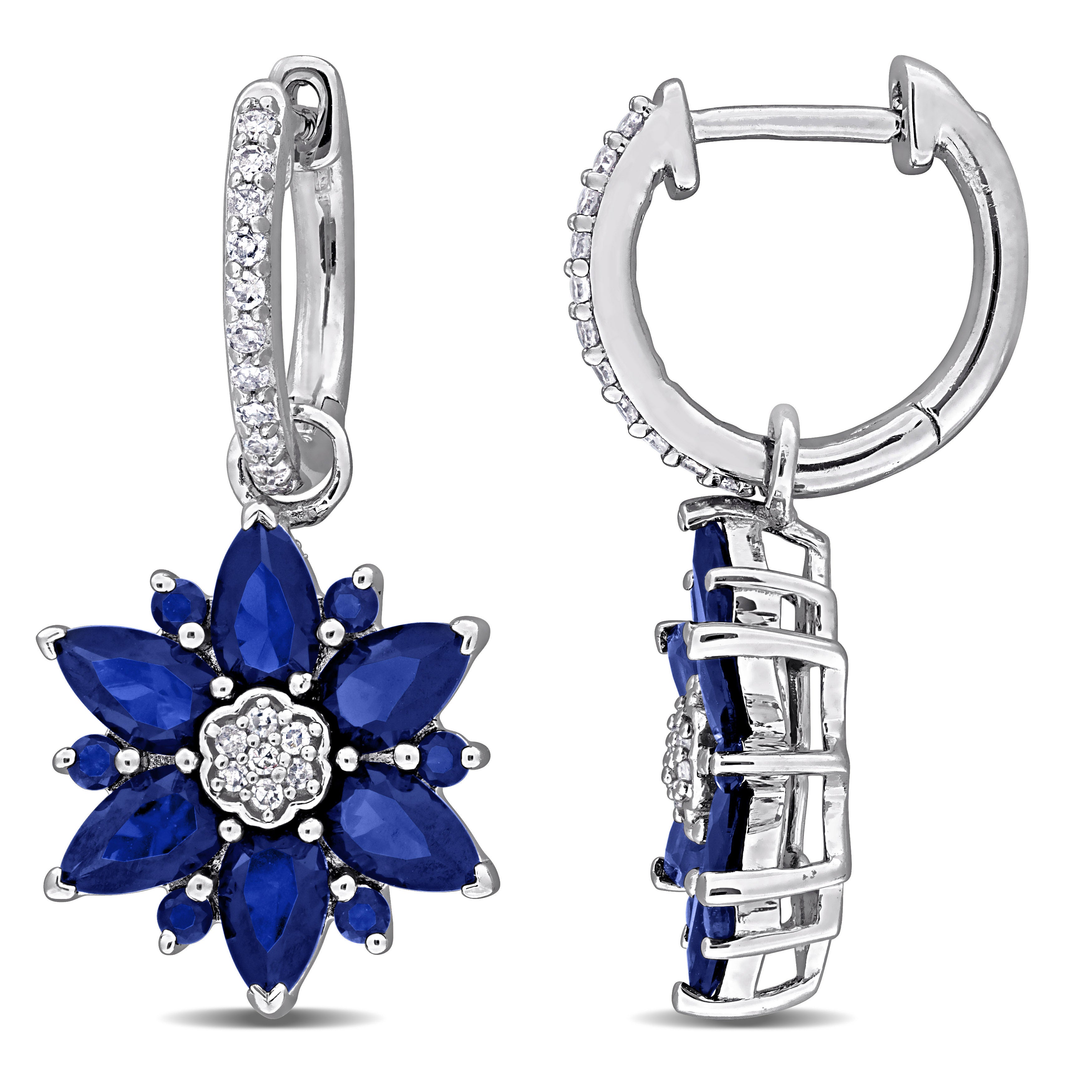 Blue sapphire flower hoop earrings in sterling silver by Lord & Taylor, front view