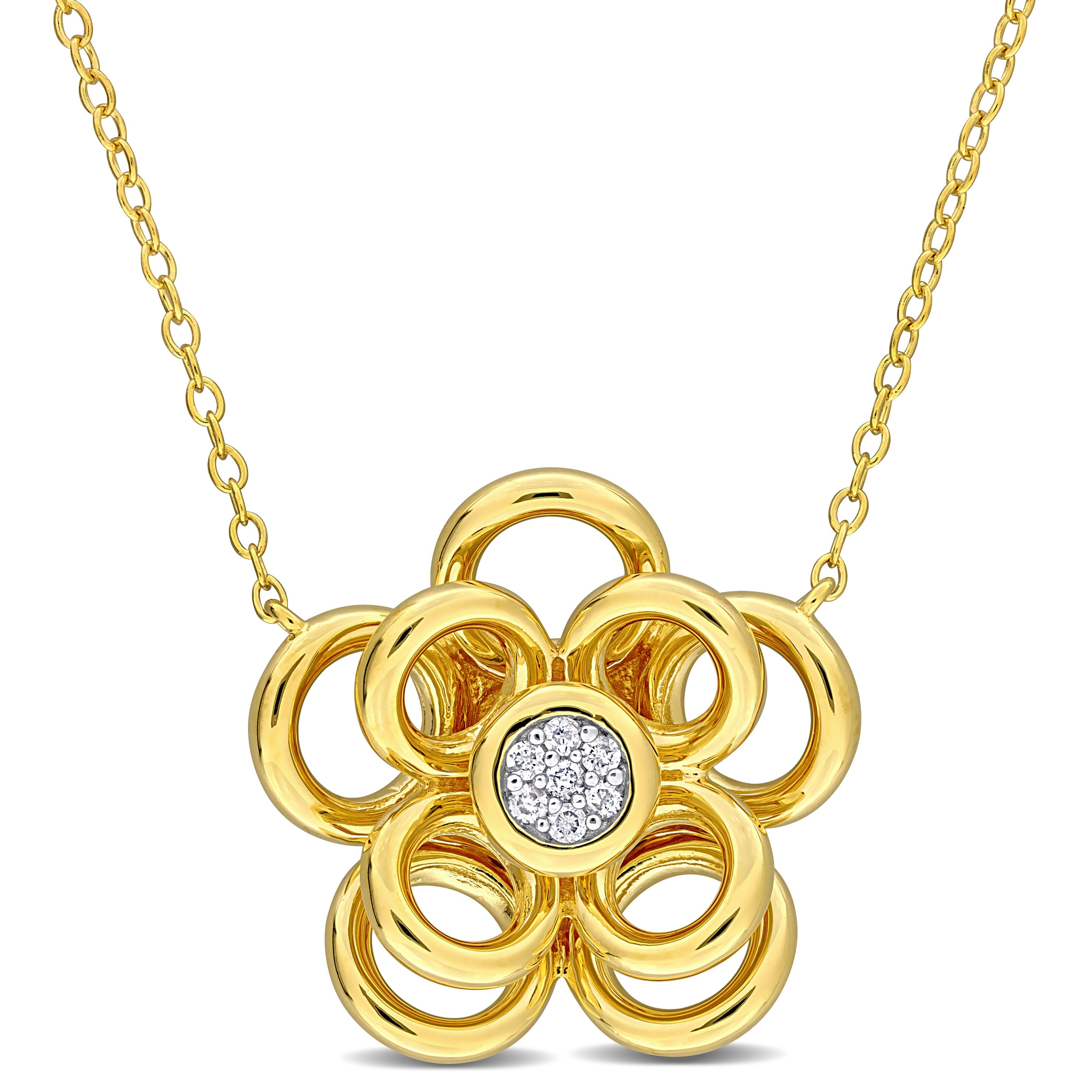Yellow-plated sterling silver diamond flower pendant, front view by Lord & Taylor