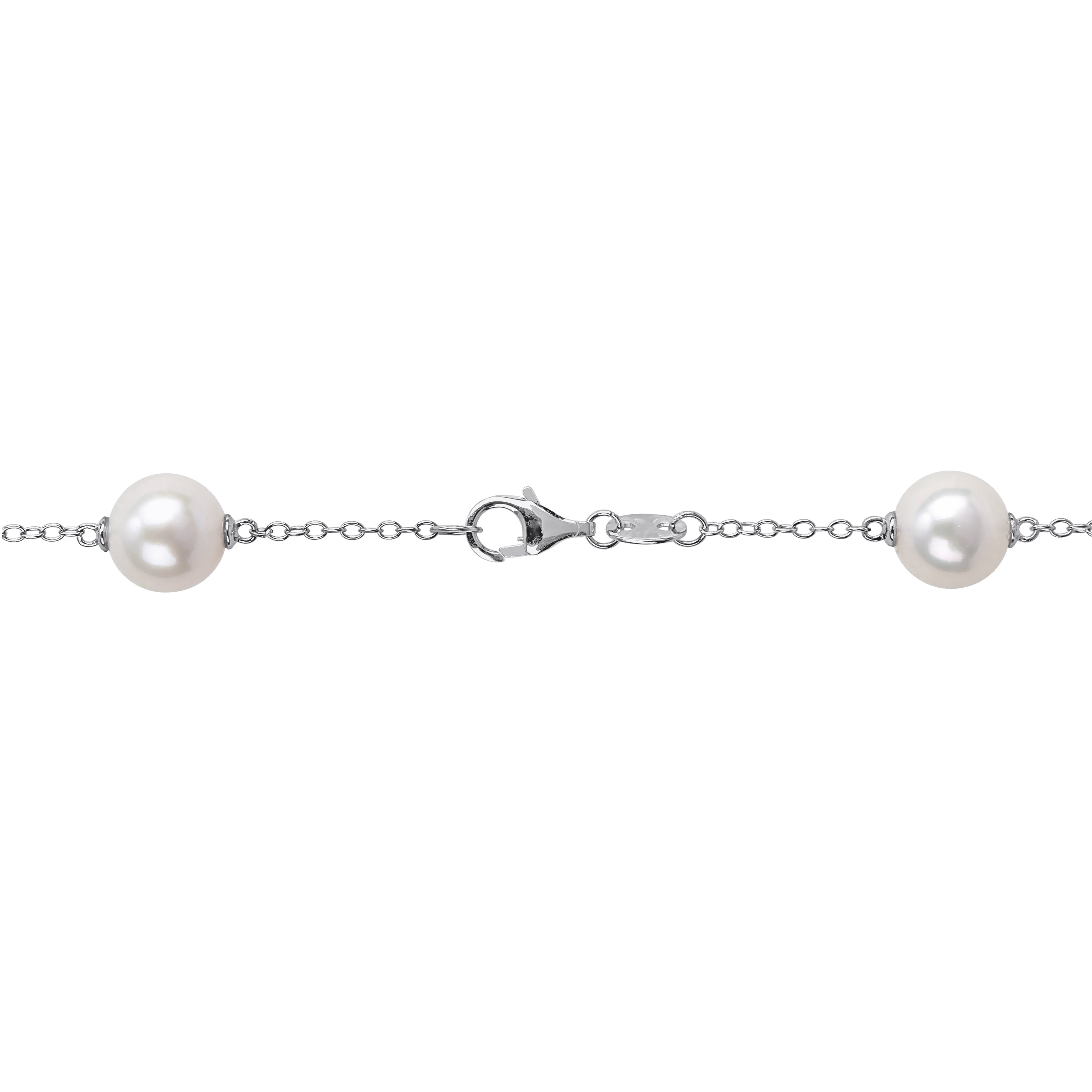 Sterling silver pearl station necklace by Lord & Taylor, back view showing cable chain