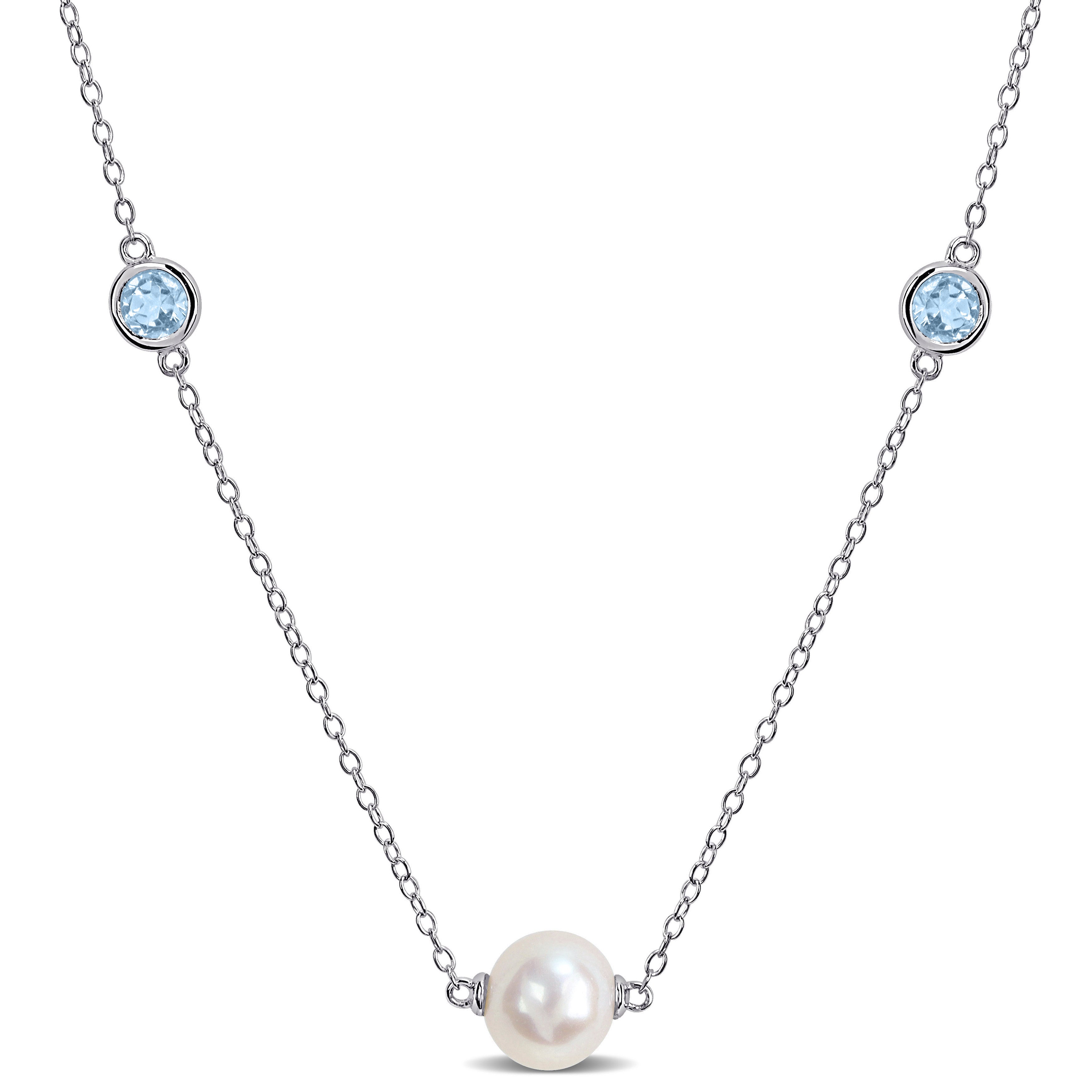 White pearl and blue topaz station necklace in sterling silver by Lord & Taylor, front view