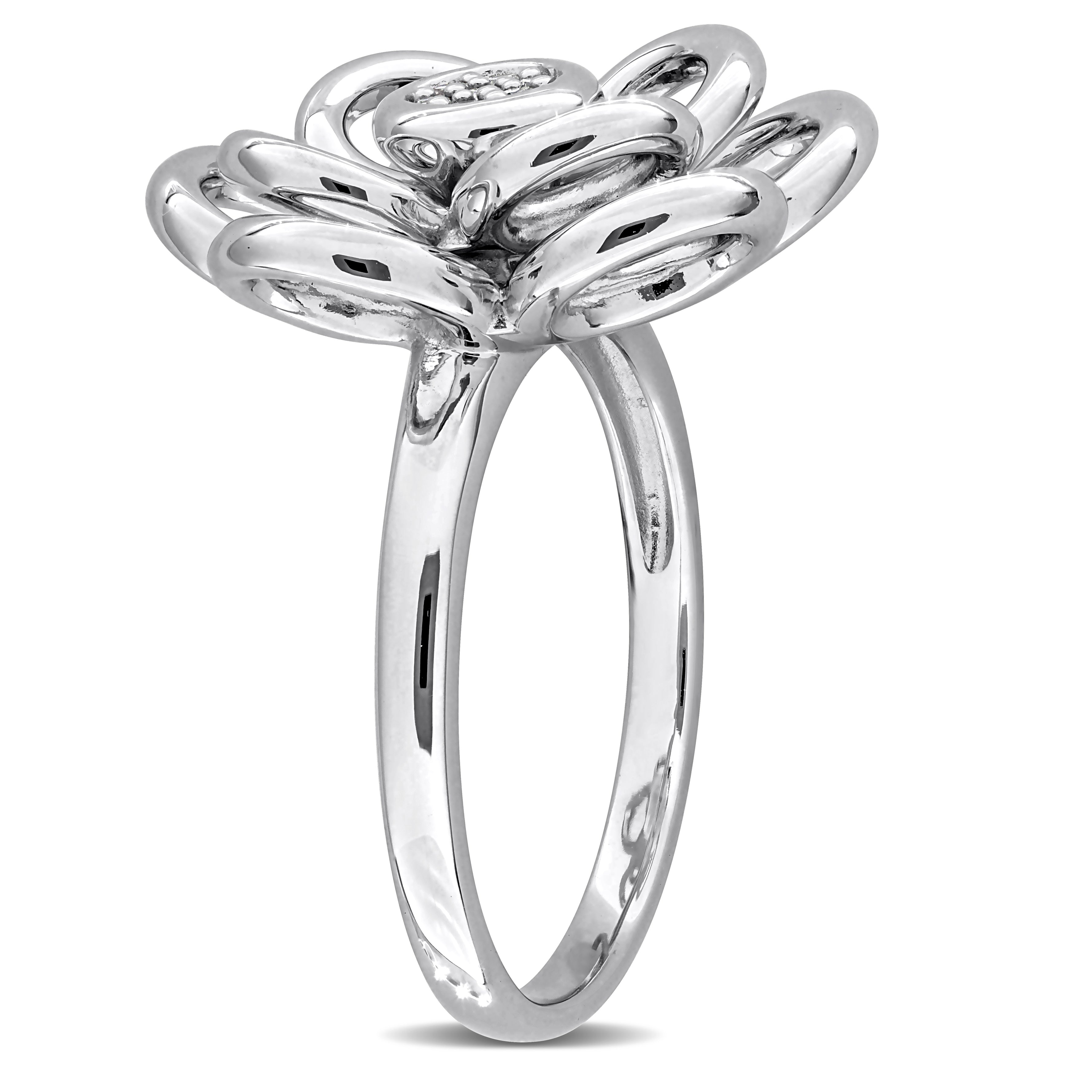 Sterling silver diamond flower ring, back view showing band