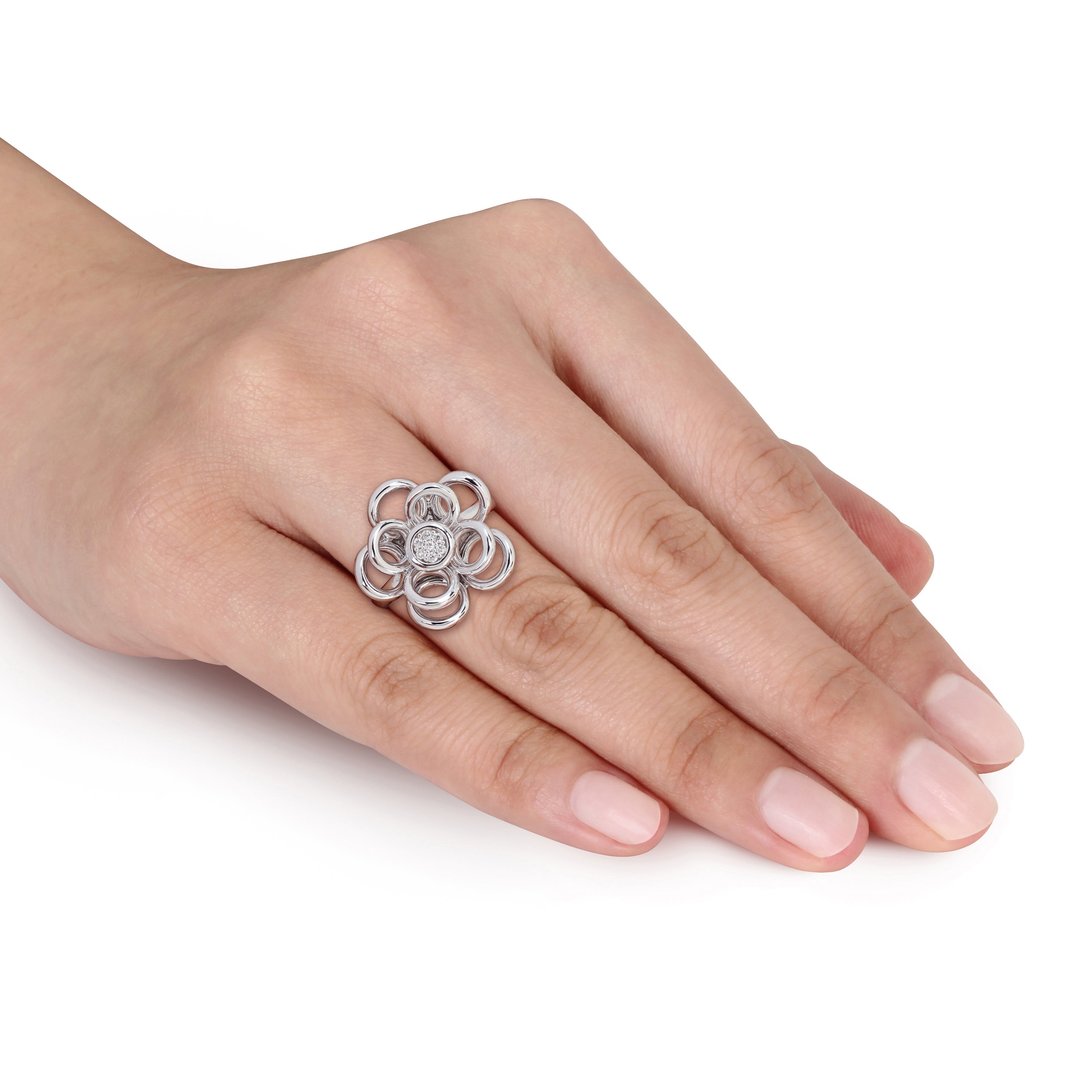 Sterling silver diamond flower ring, side profile view