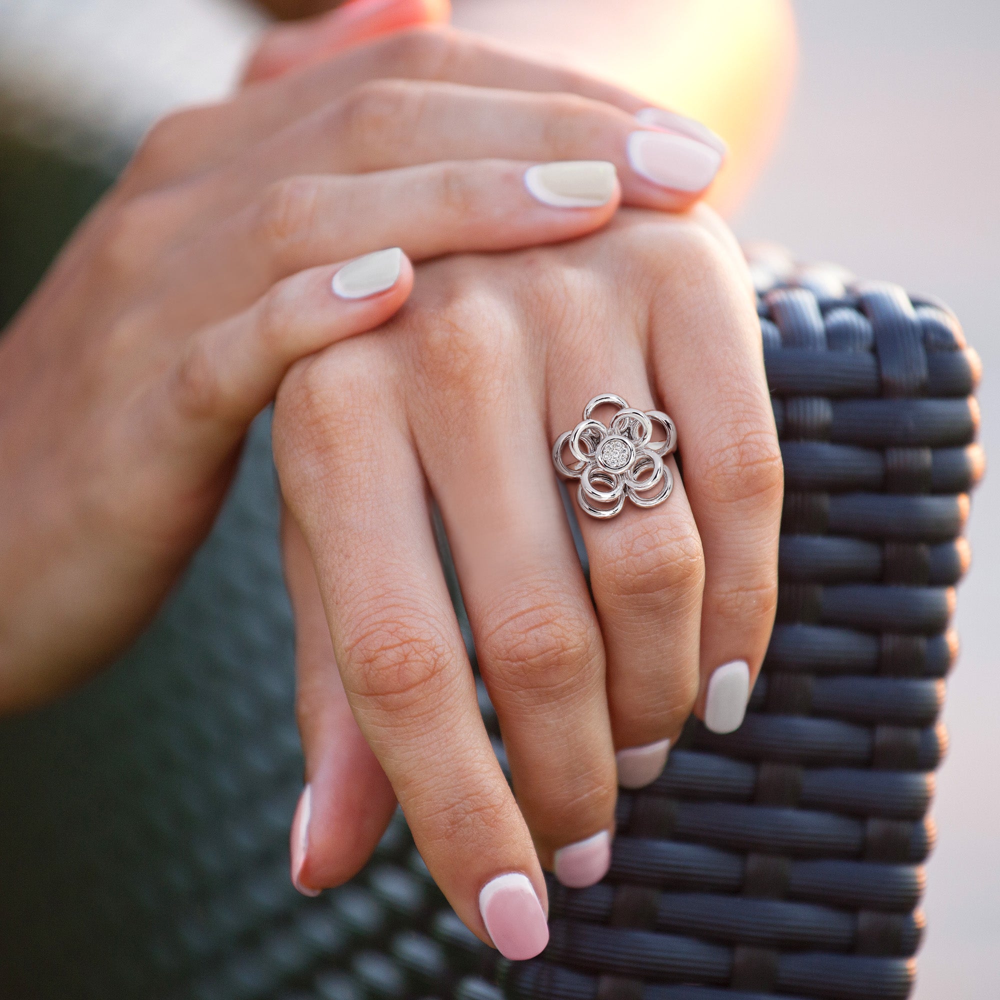 Sterling silver diamond flower ring by Lord & Taylor, lifestyle view on hand
