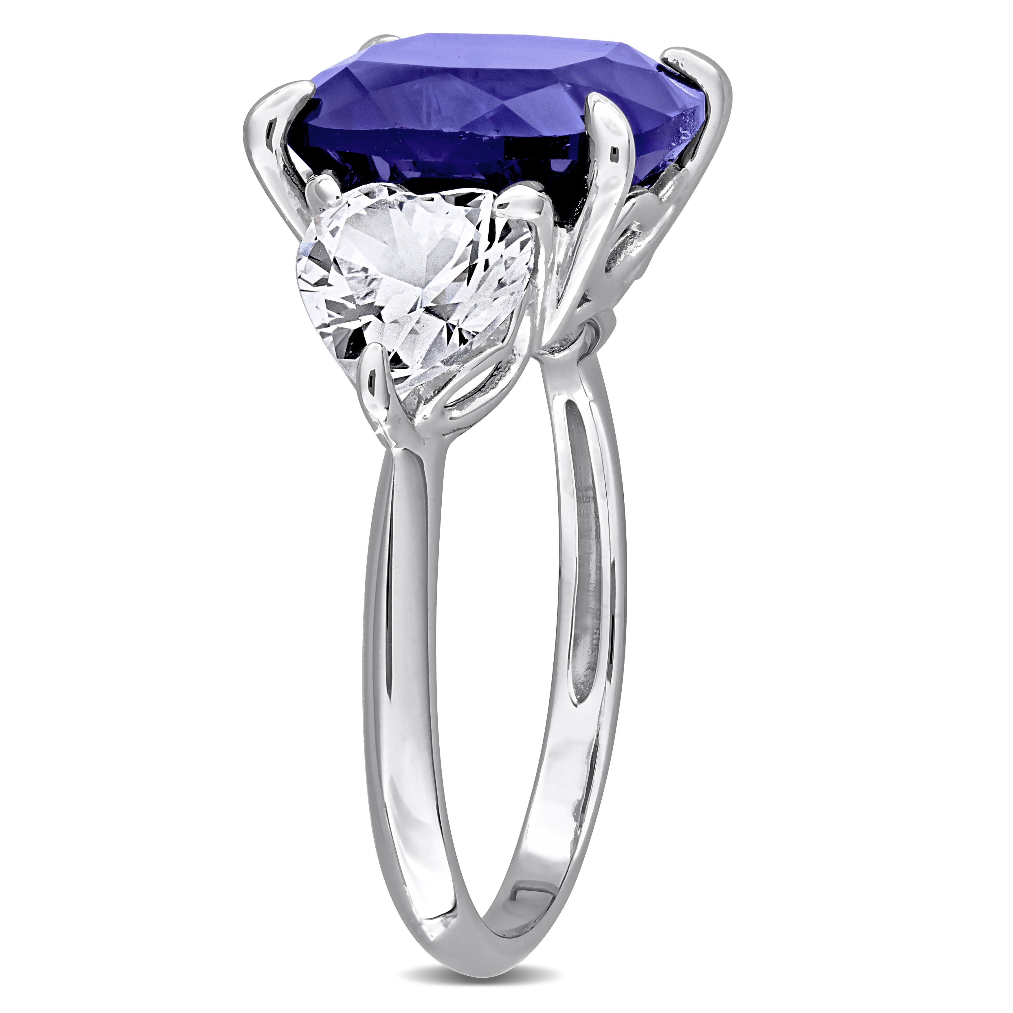 Blue sapphire three-stone ring in sterling silver by Lord & Taylor, side profile