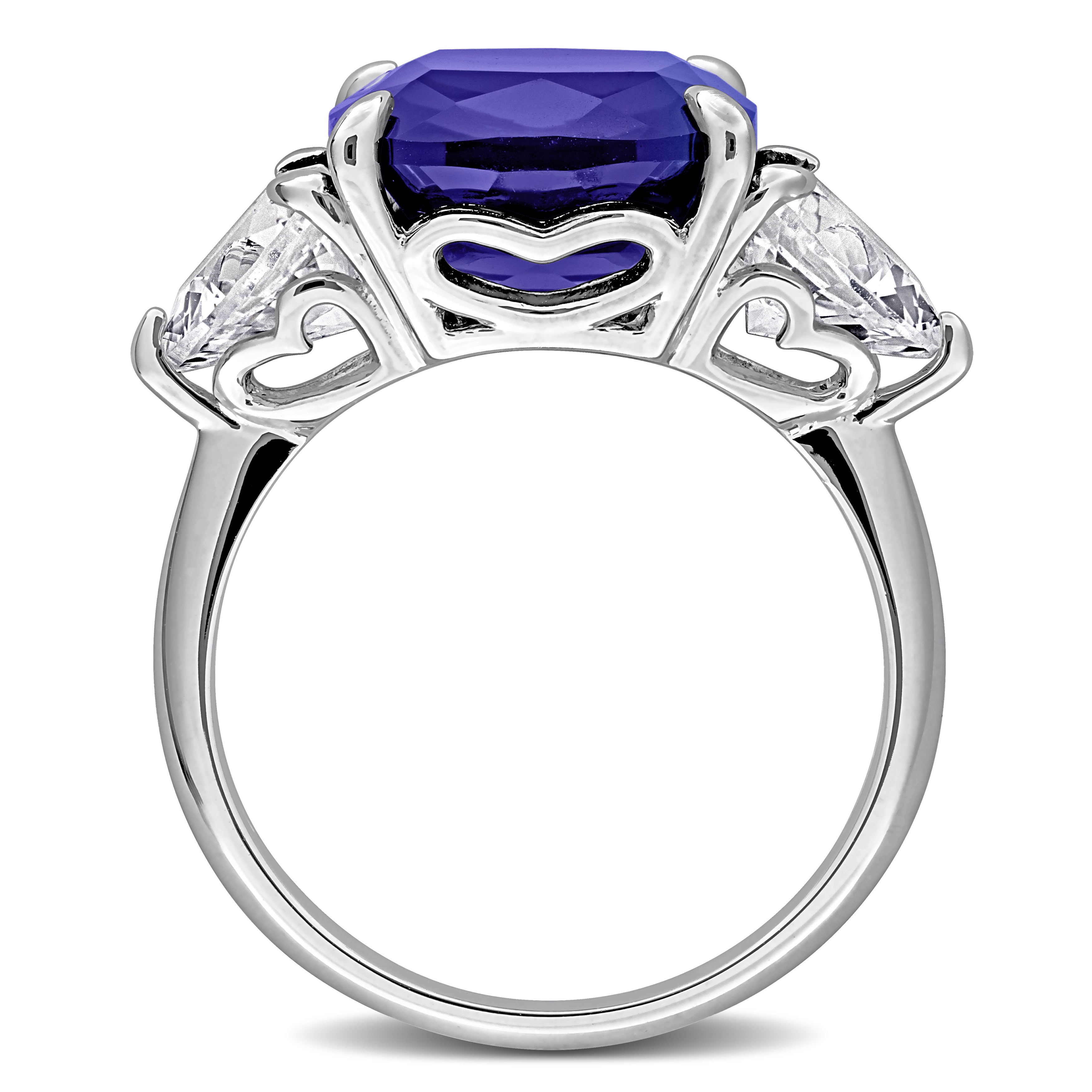 Blue sapphire three-stone ring in sterling silver by Lord & Taylor, angled view