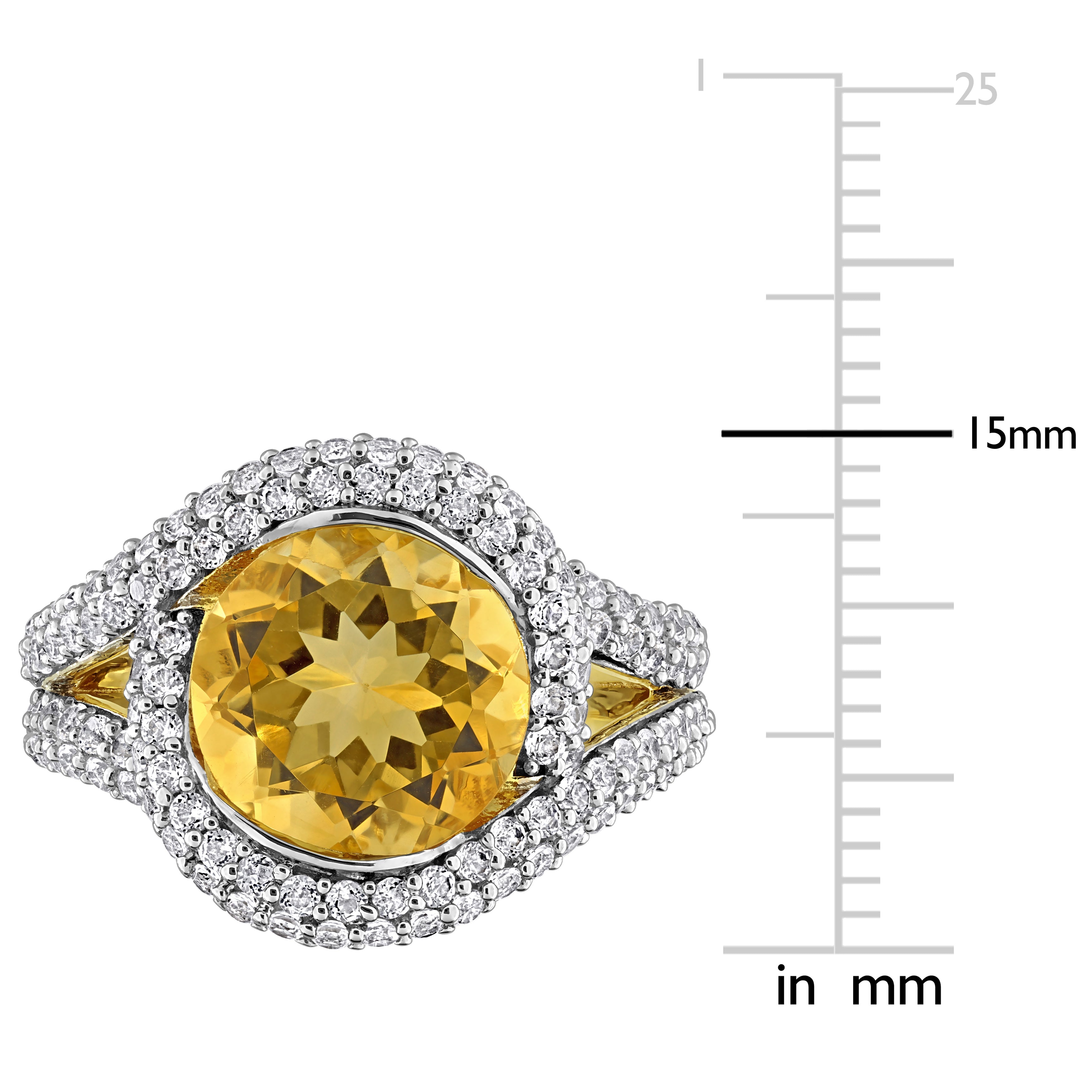 Citrine round-cut gemstone with white topaz halo, close-up detail