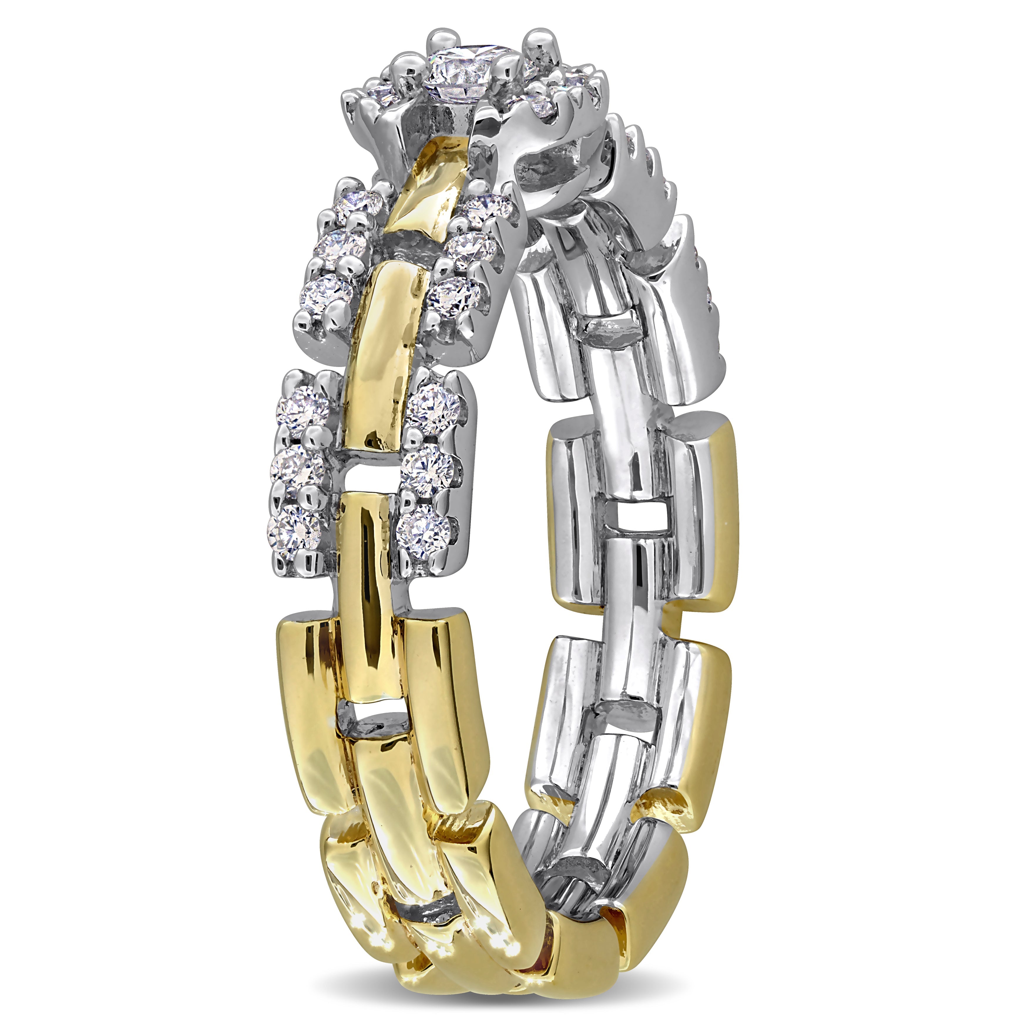 Lab-grown diamond halo link ring in two-tone sterling silver, back view