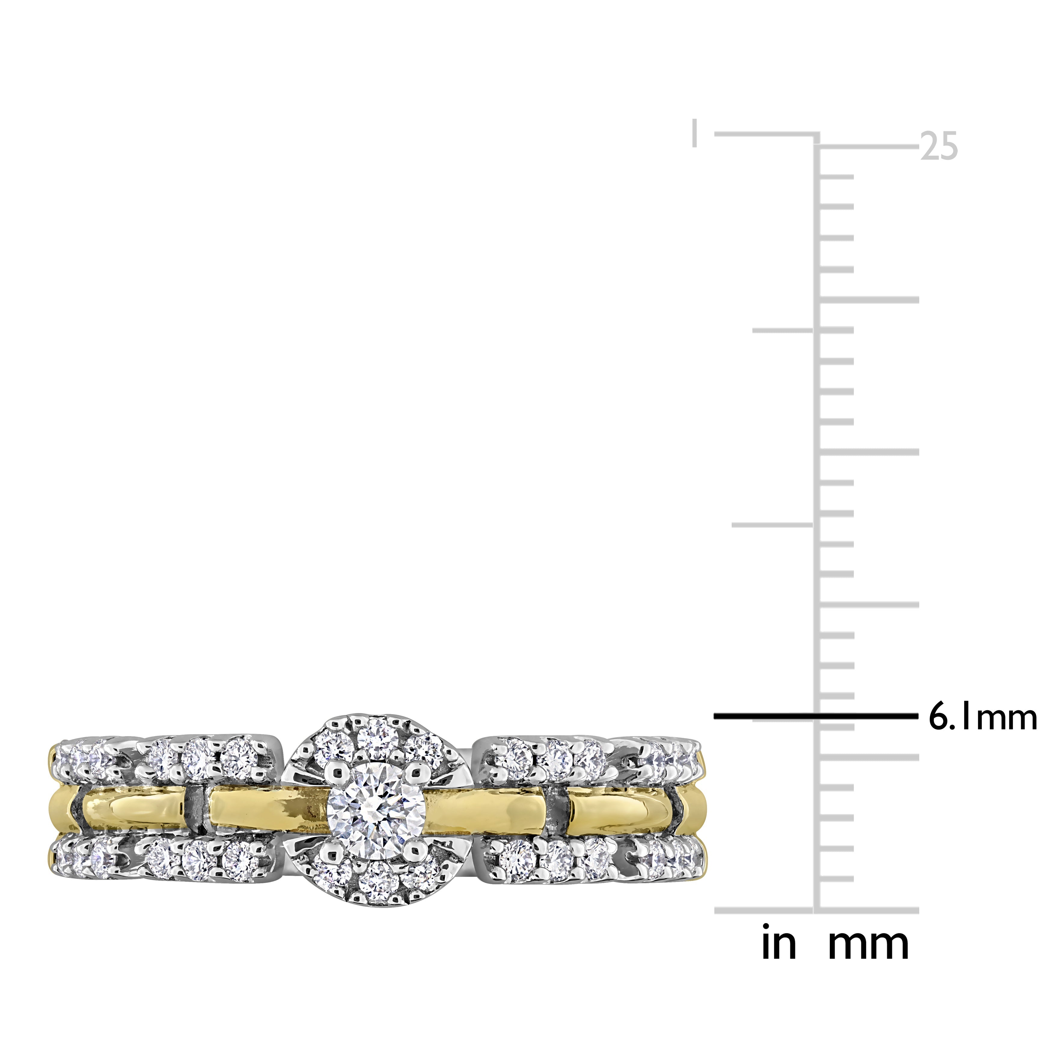 Close-up of buttercup-set lab-grown diamonds in halo link ring