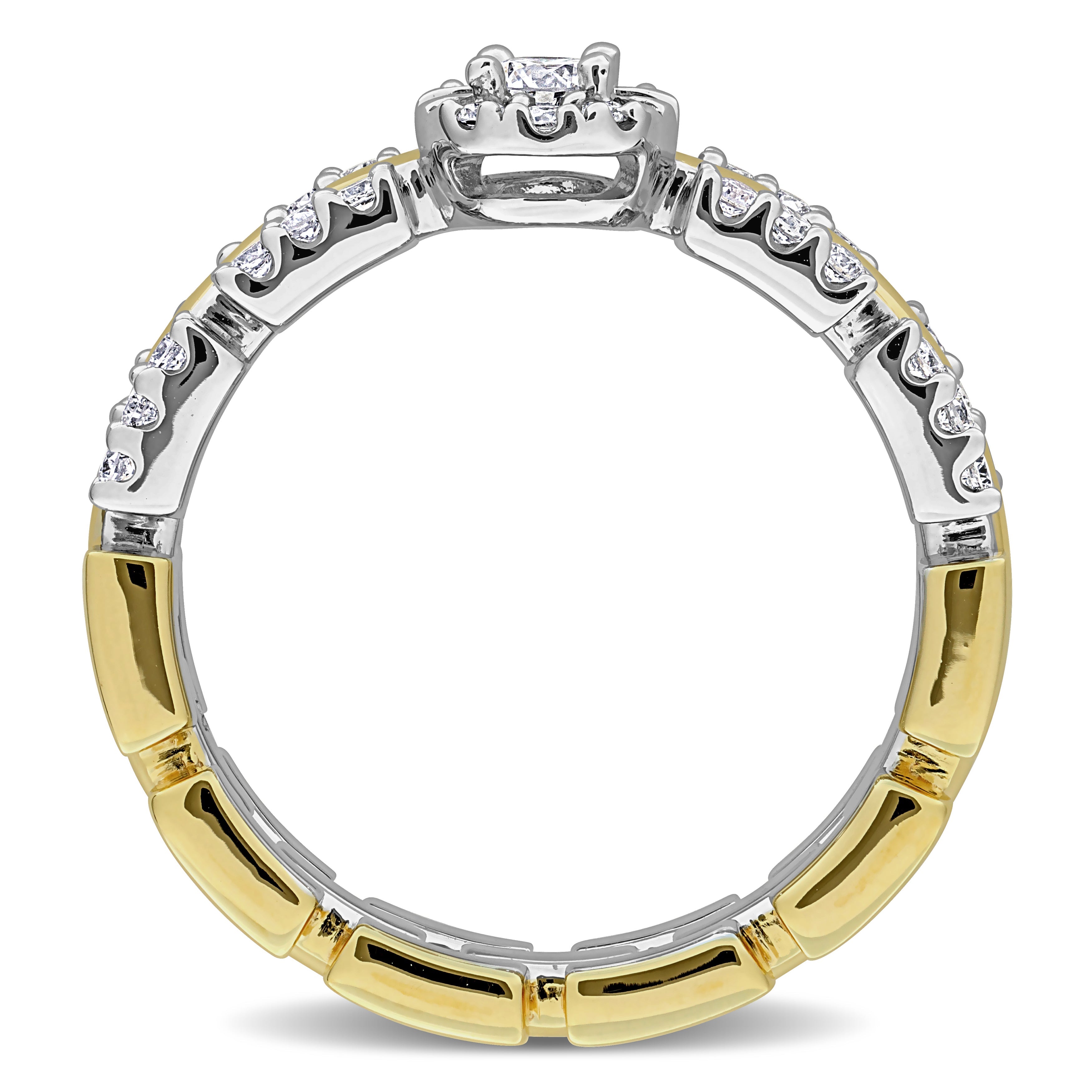 Two-tone sterling silver diamond ring showing halo link design detail