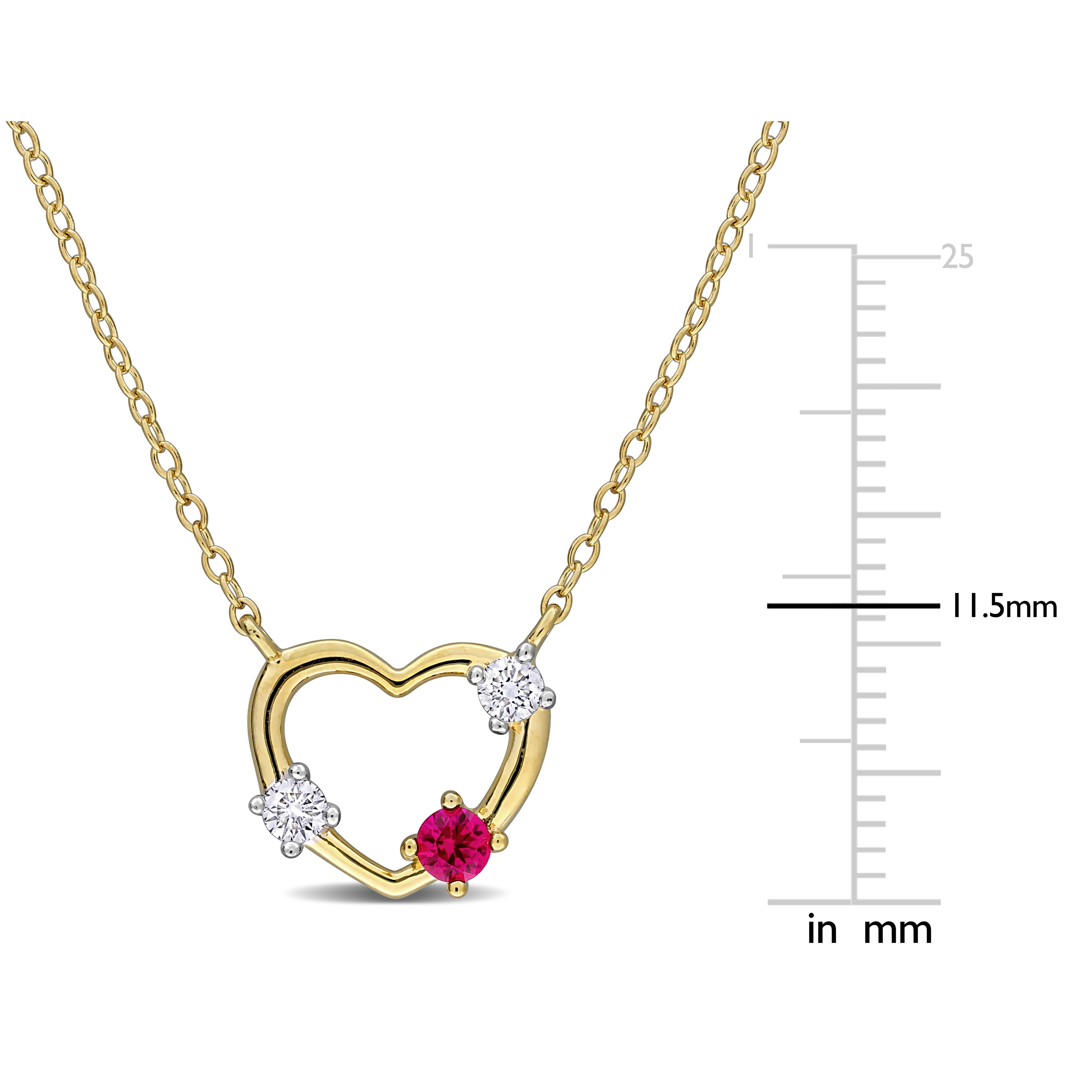 Yellow gold plated open heart pendant necklace close-up of ruby gemstone and diamond setting