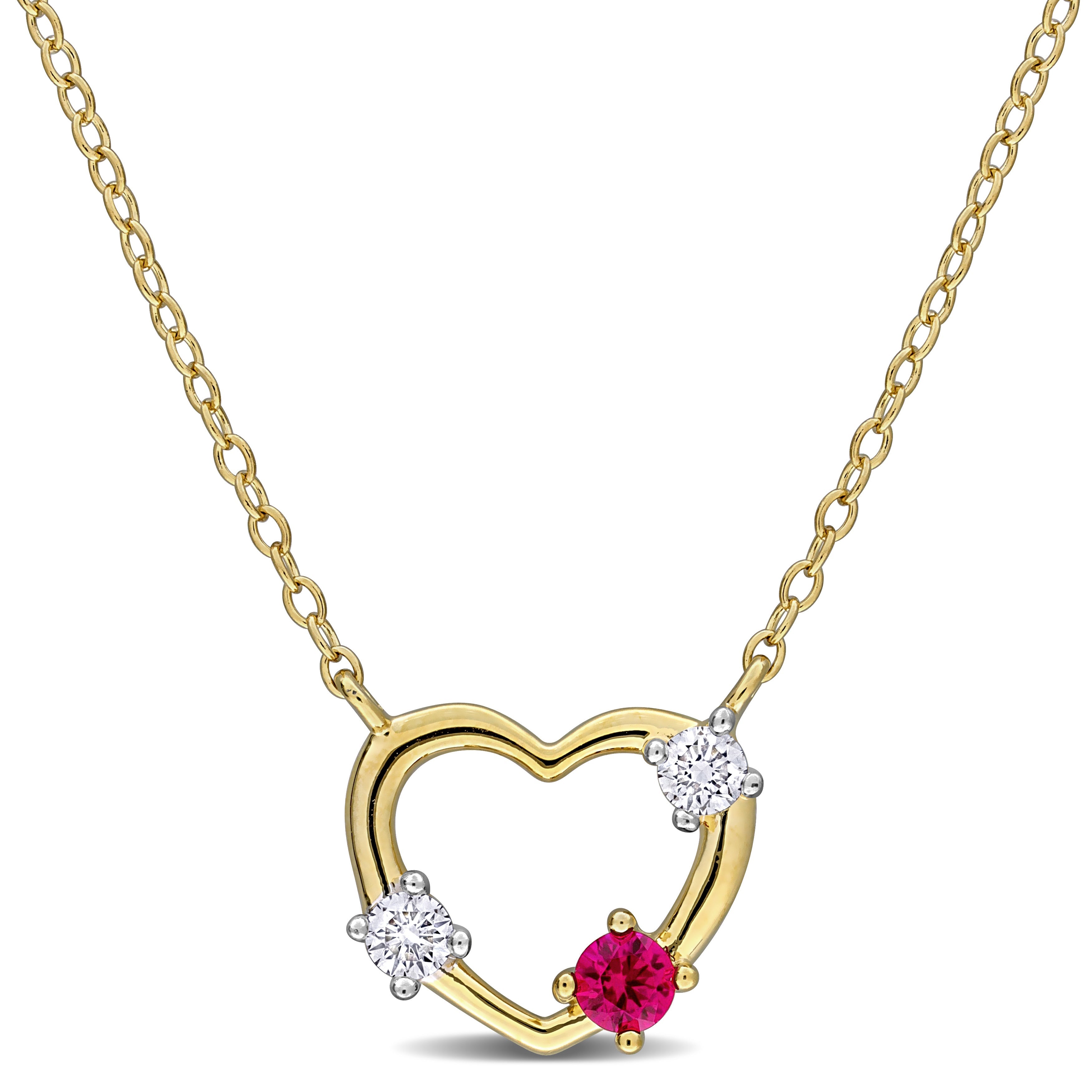 Yellow gold plated open heart pendant necklace with ruby and diamonds by Lord & Taylor, front view