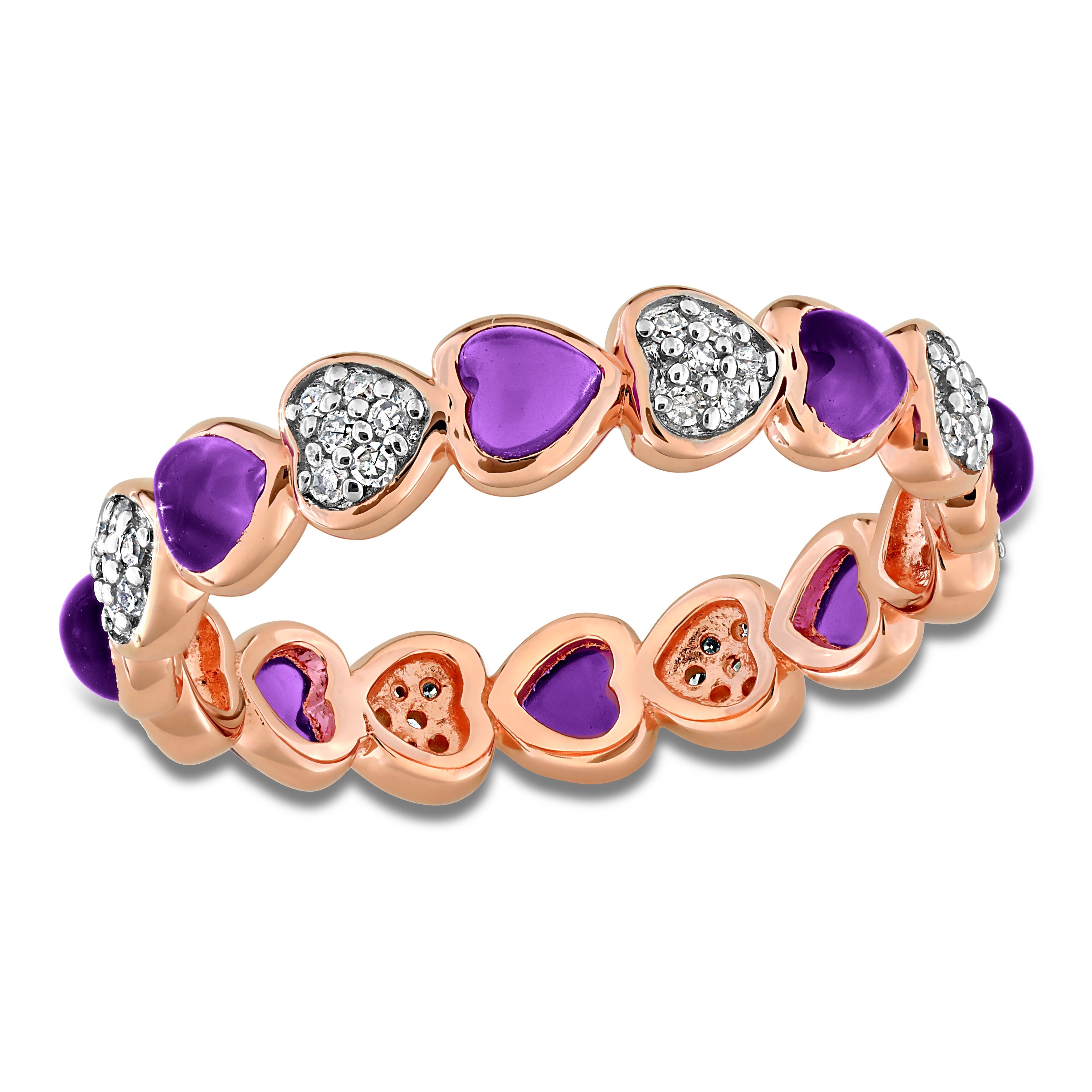 Rose gold plated heart eternity ring with amethyst stones, front view by Lord & Taylor