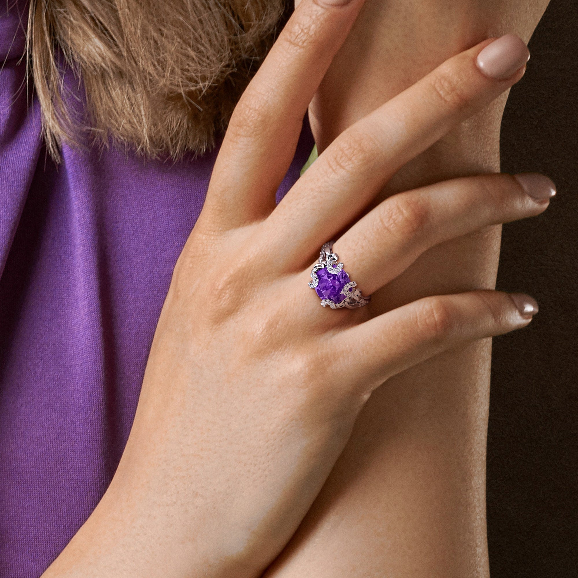 Amethyst cocktail ring worn on hand, lifestyle view by Lord & Taylor