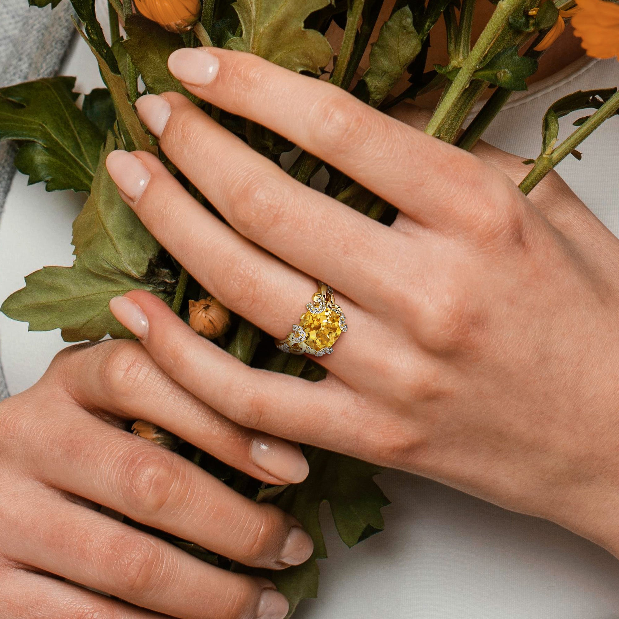 Citrine and white topaz ring worn on hand, lifestyle view by Lord & Taylor