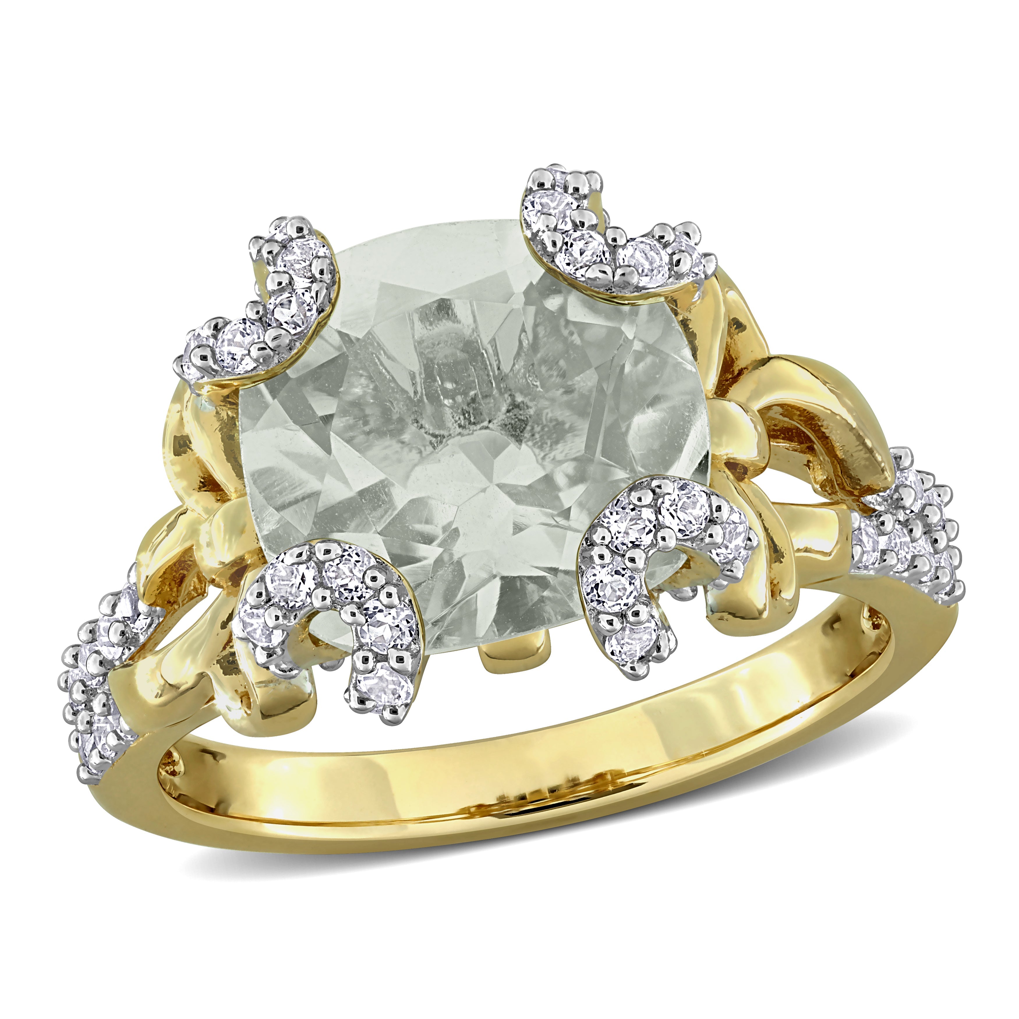 Green quartz cocktail ring with white topaz accents in yellow-plated silver, top view by Lord & Taylor