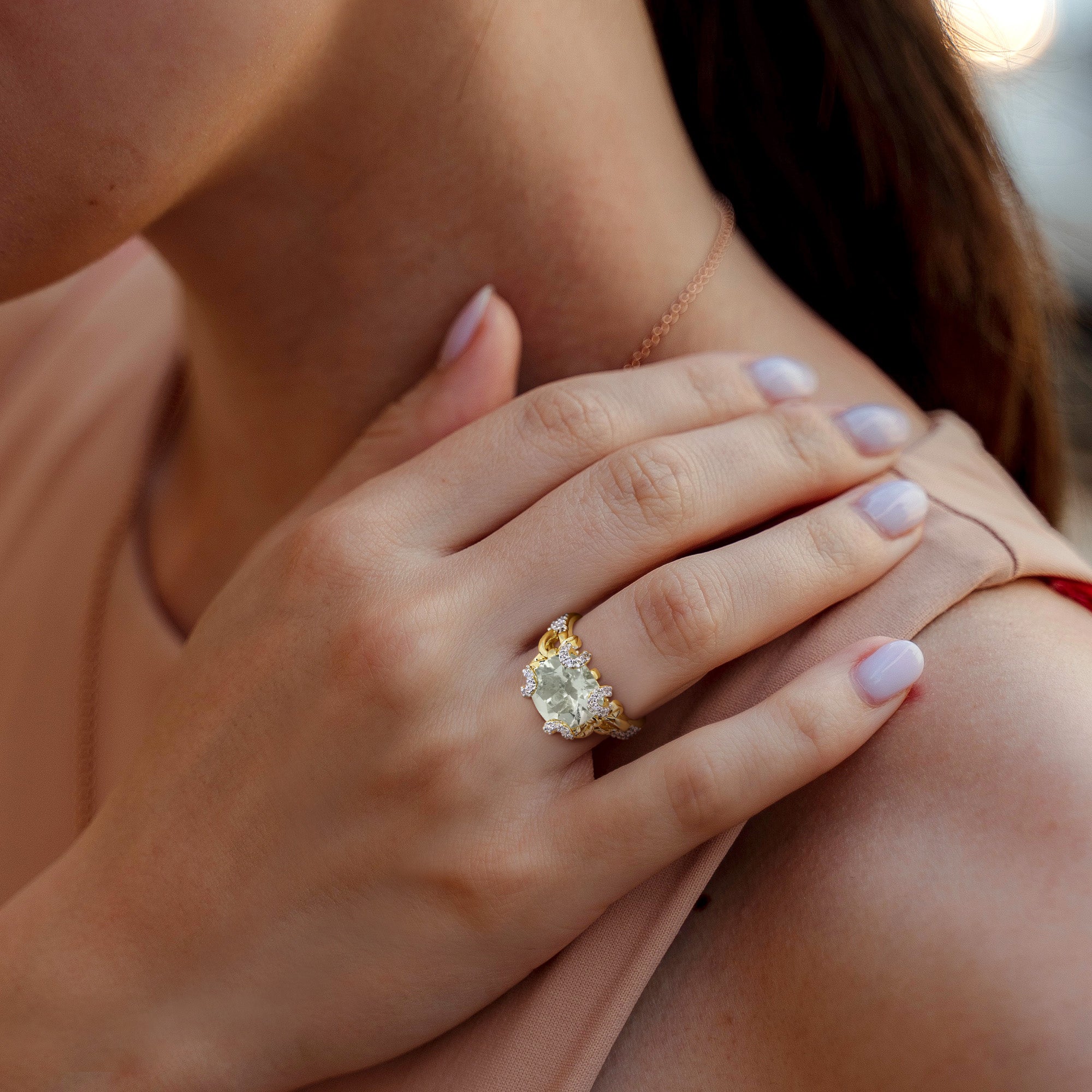 Green quartz split-shank ring worn on hand, lifestyle view by Lord & Taylor