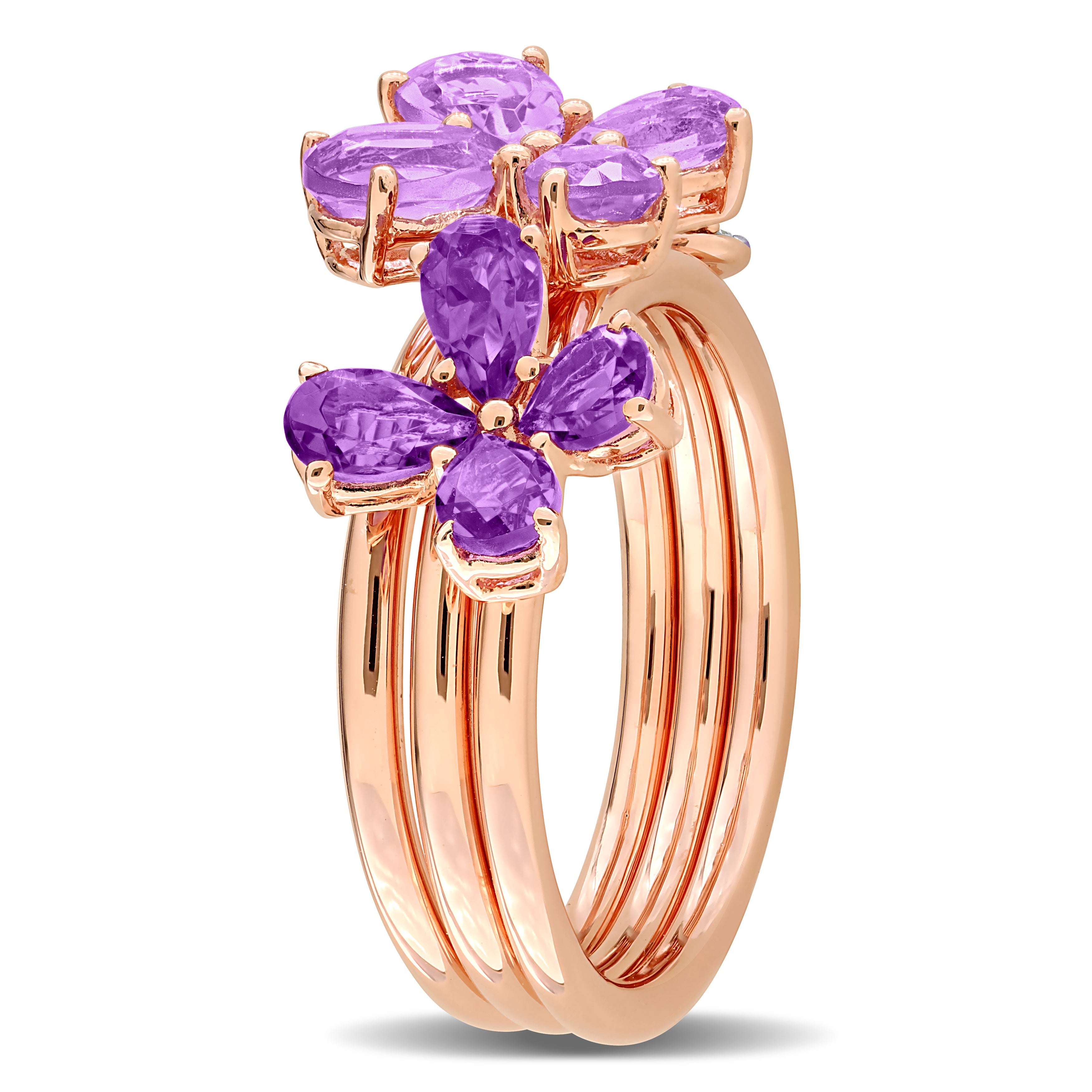 Amethyst & 1/8ct TW Diamond Floral 3-Piece Ring Set in Rose Plated Sterling Silver Jewelry Lord & Taylor