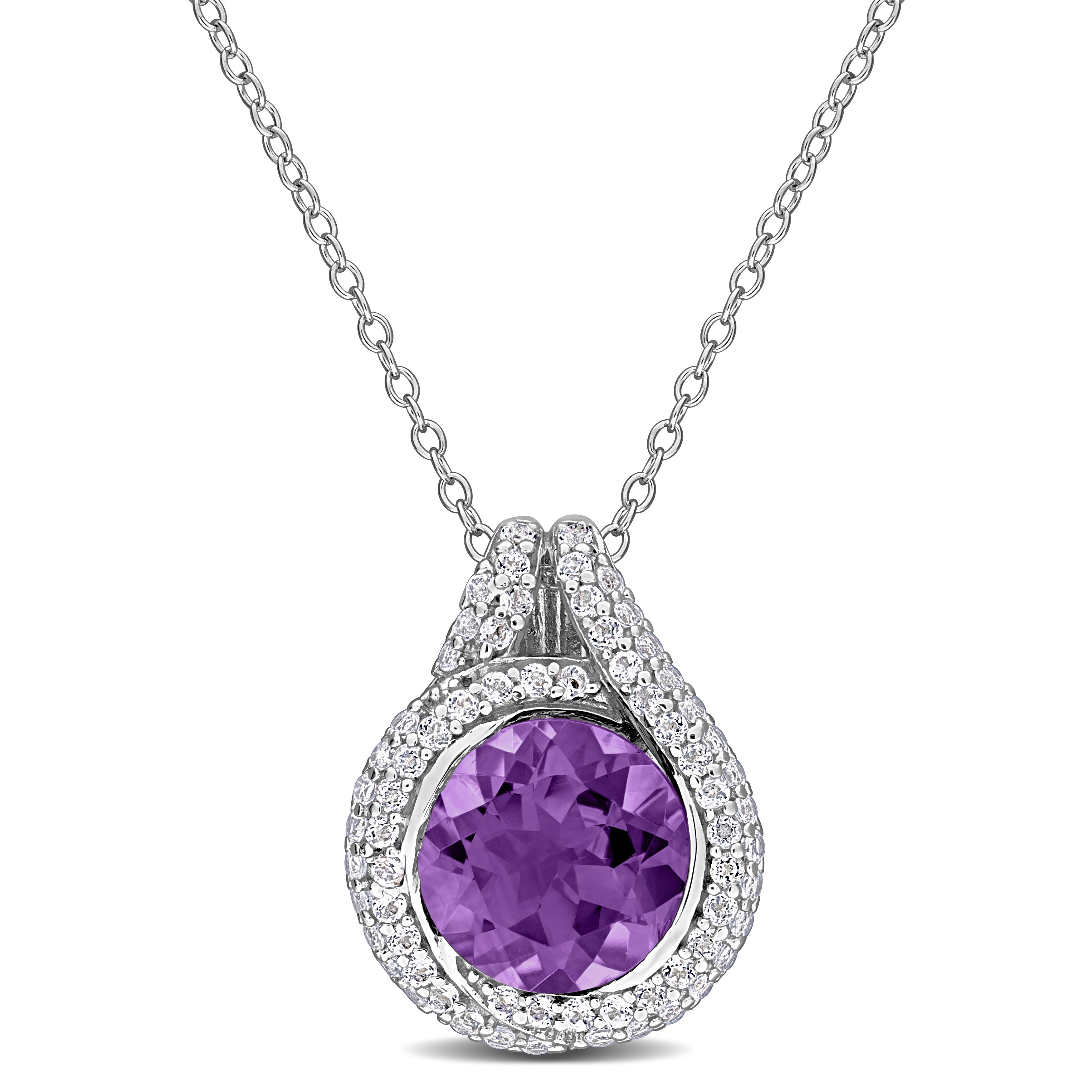 Purple amethyst halo pendant necklace in sterling silver, front view by Lord & Taylor