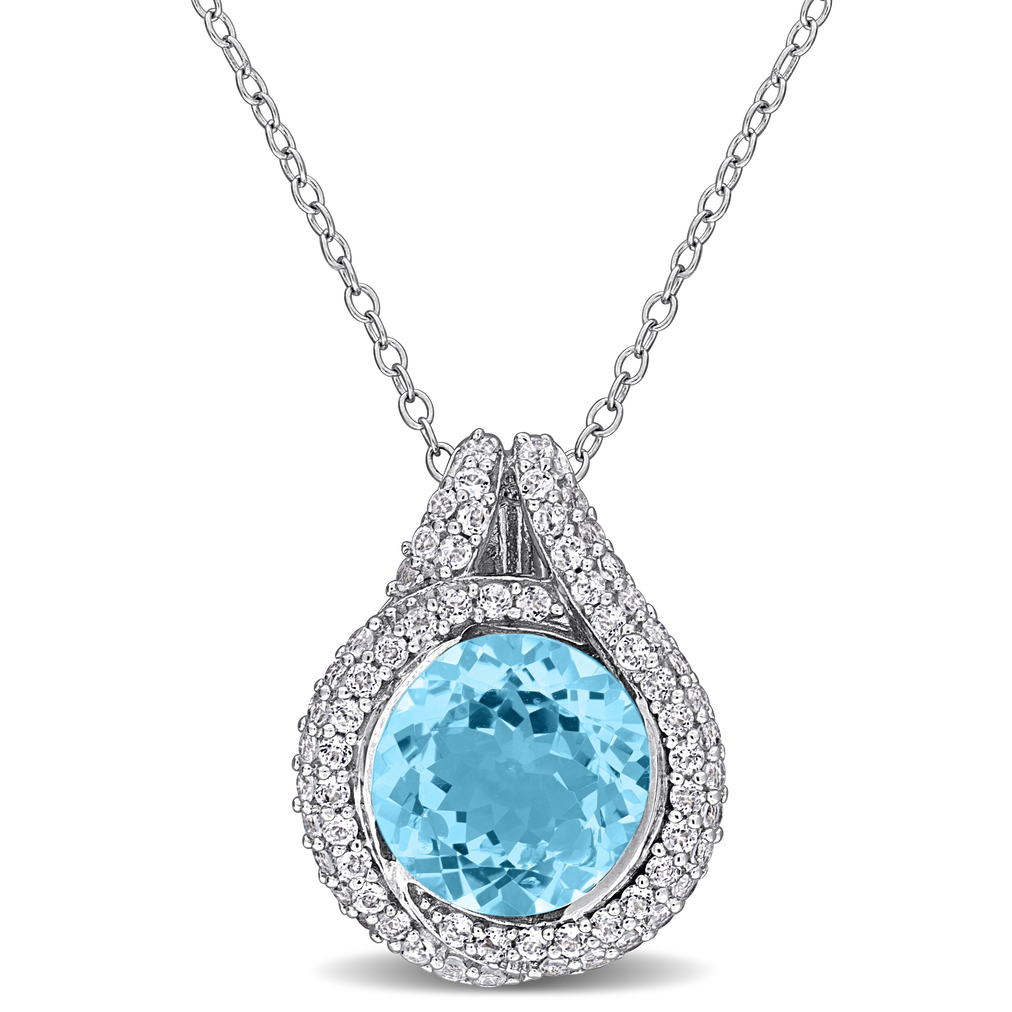 Blue topaz and white topaz halo pendant necklace, front view by Lord & Taylor