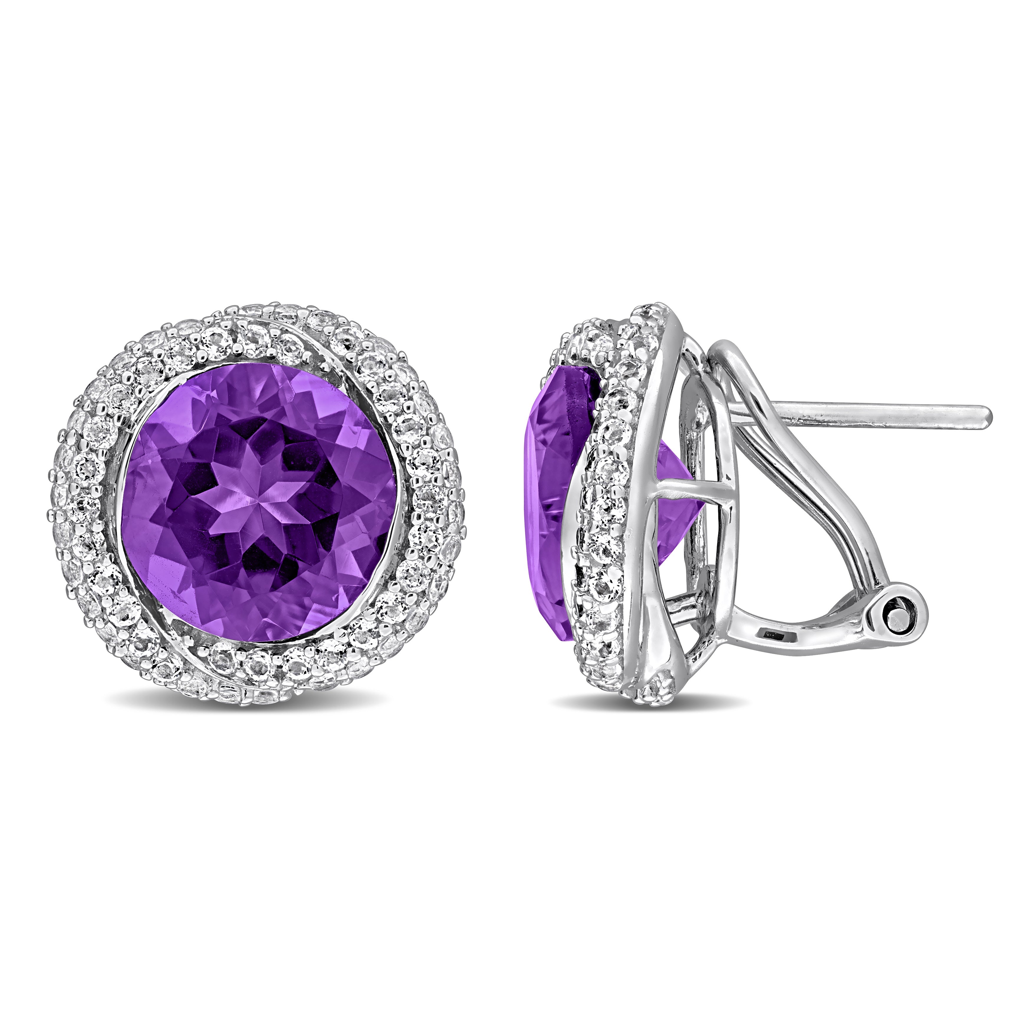Purple amethyst halo earrings in sterling silver, front view by Lord & Taylor