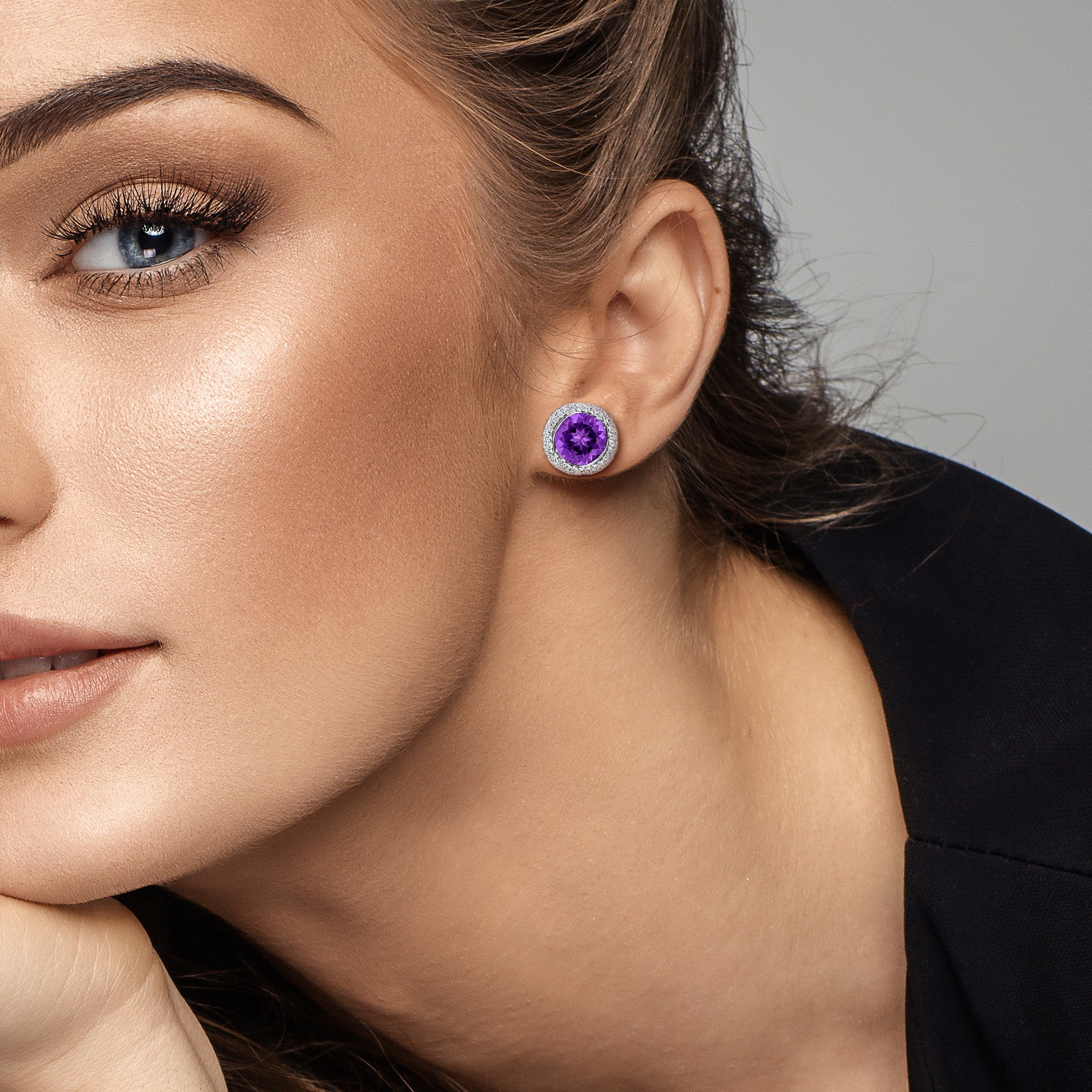 Purple amethyst halo earrings worn on model by Lord & Taylor