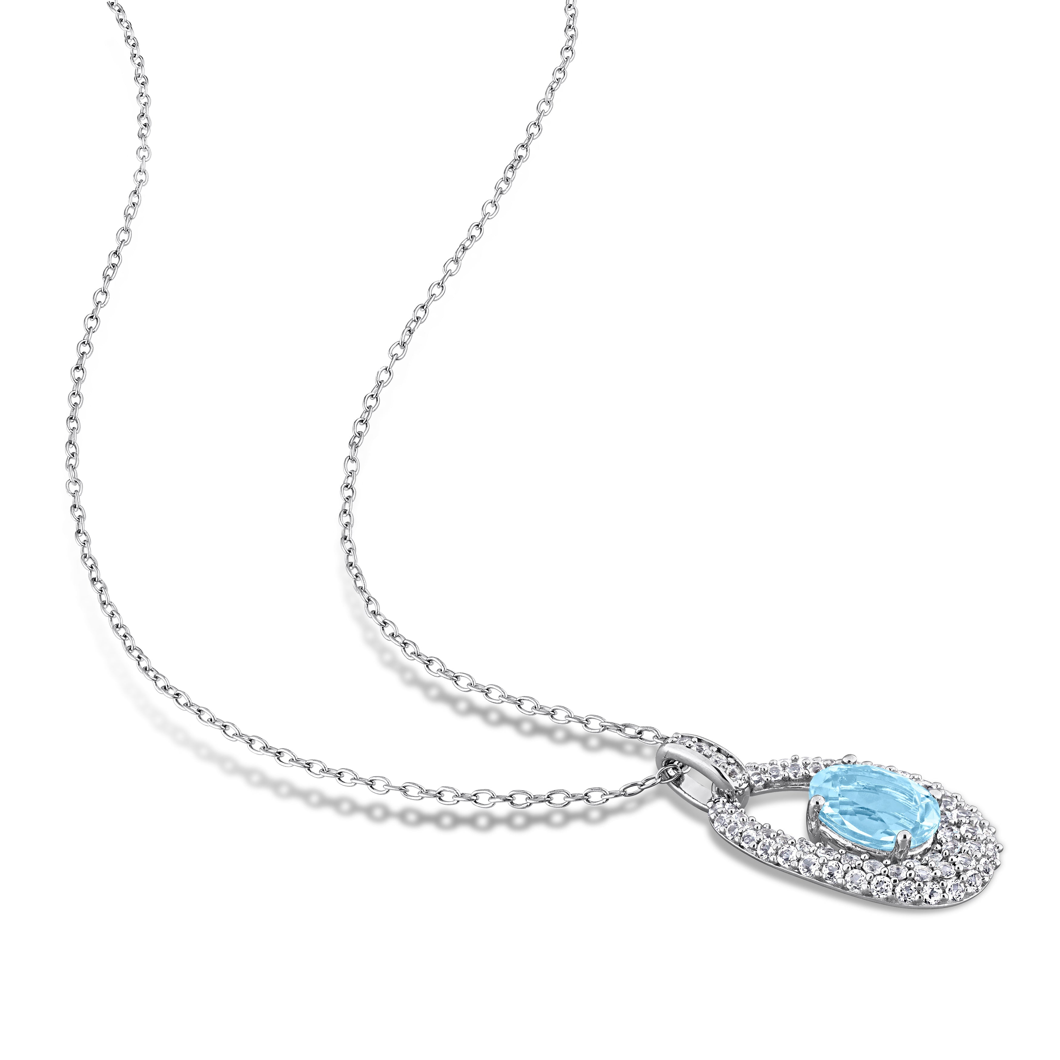 Blue topaz pendant necklace detail showing oval gemstone and sterling silver setting by Lord & Taylor