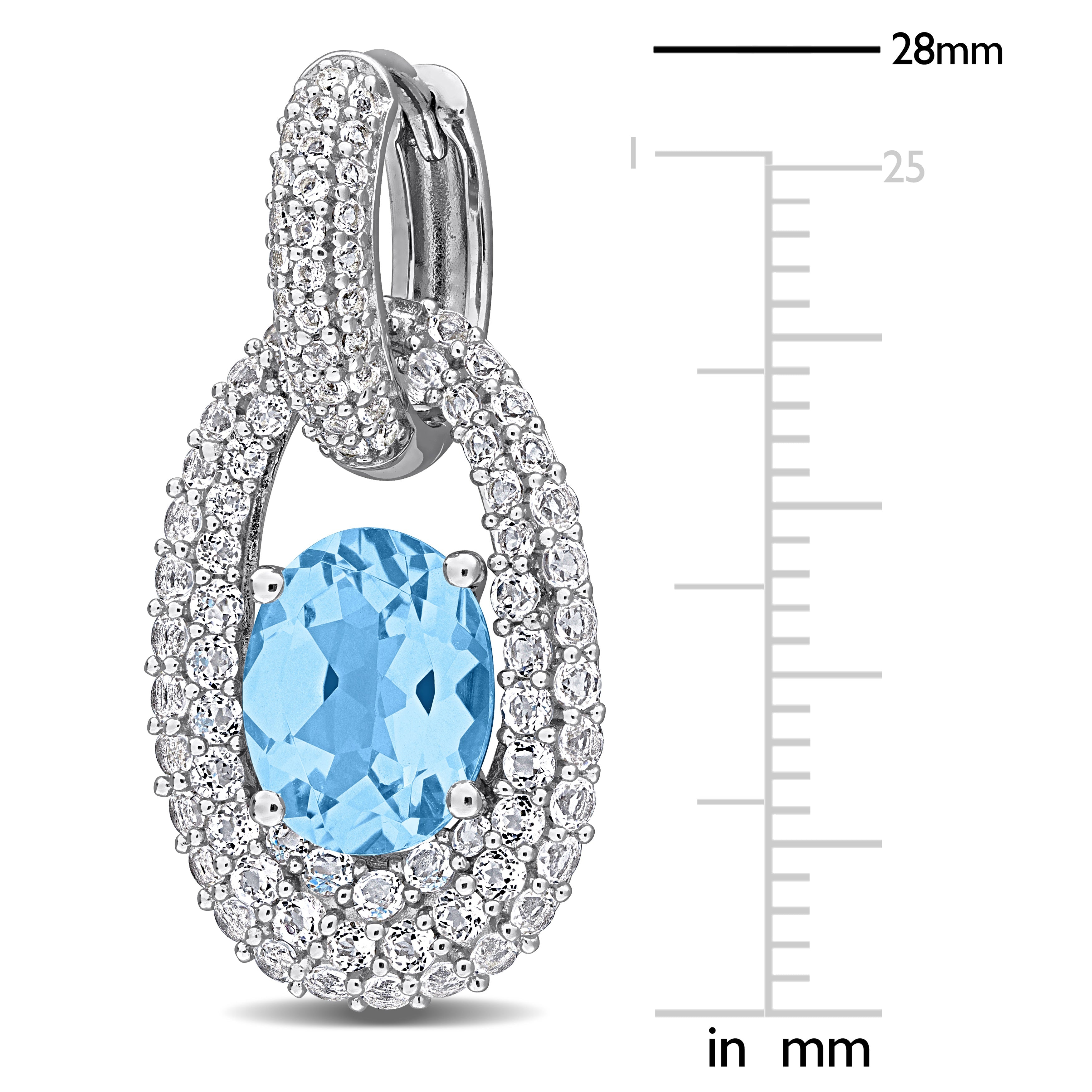 Close-up of blue topaz gemstone and white topaz accents with hinged back closure detail