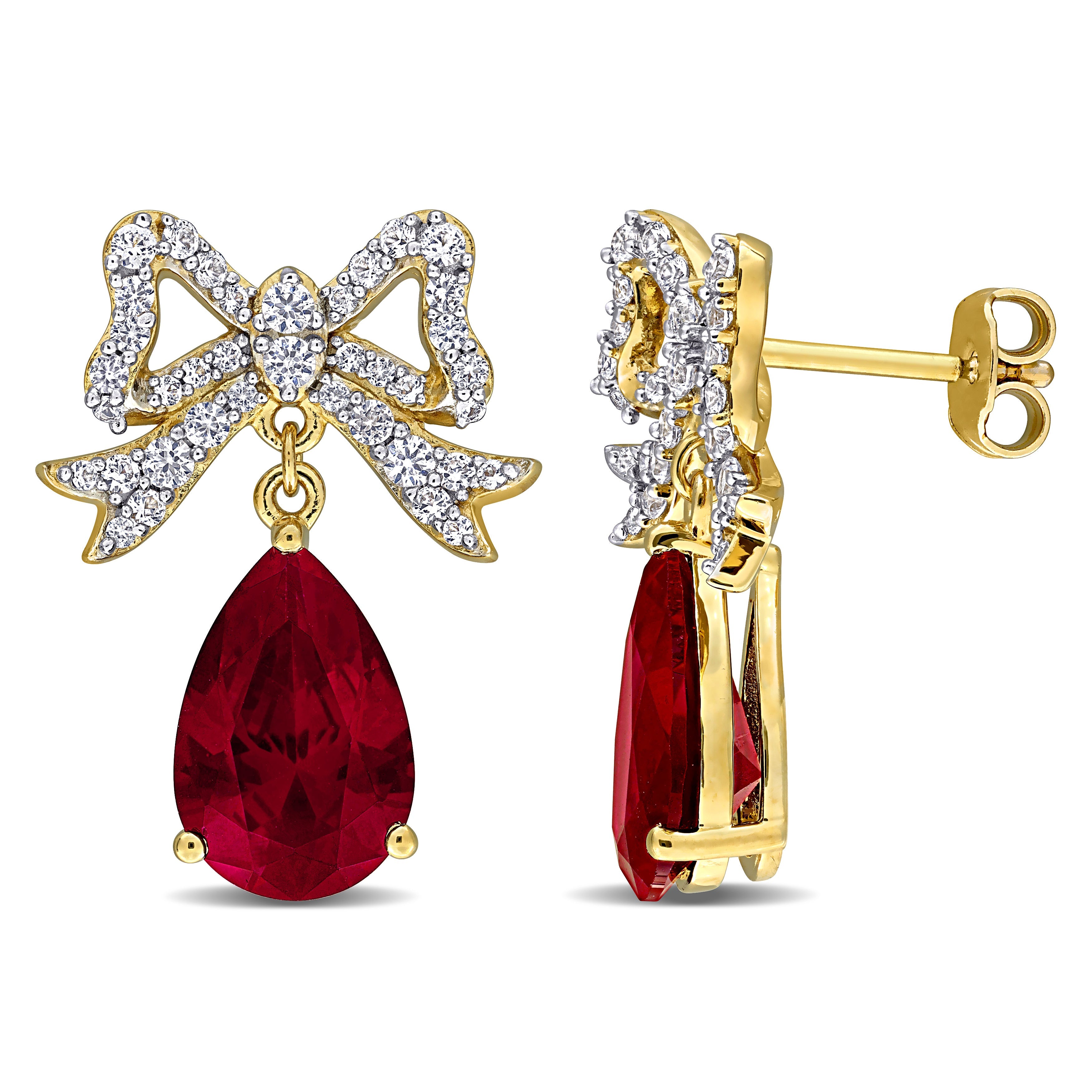 Red ruby and white sapphire bow drop earrings in yellow plated silver by Lord & Taylor, front view