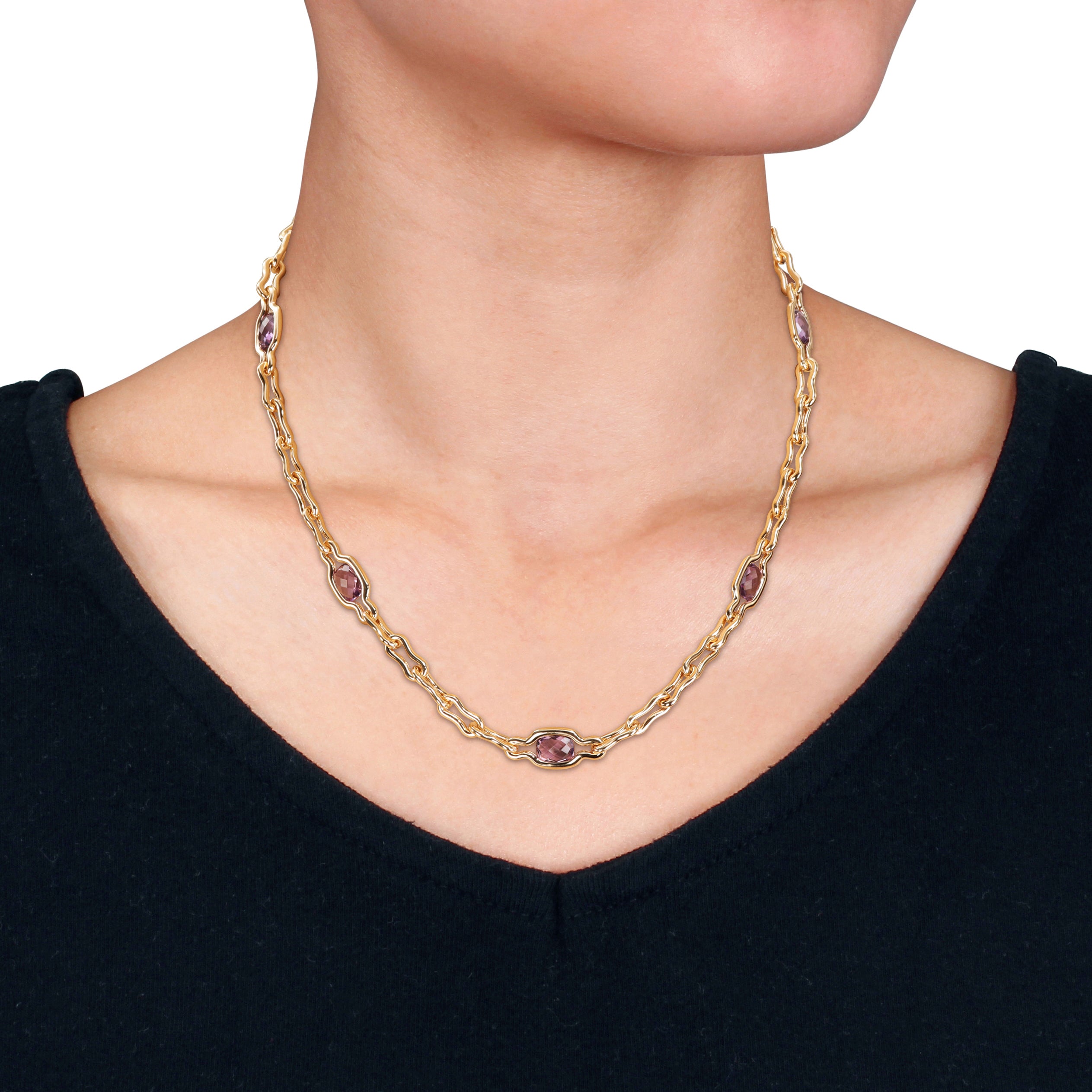 Yellow-plated sterling silver amethyst necklace, side angle view