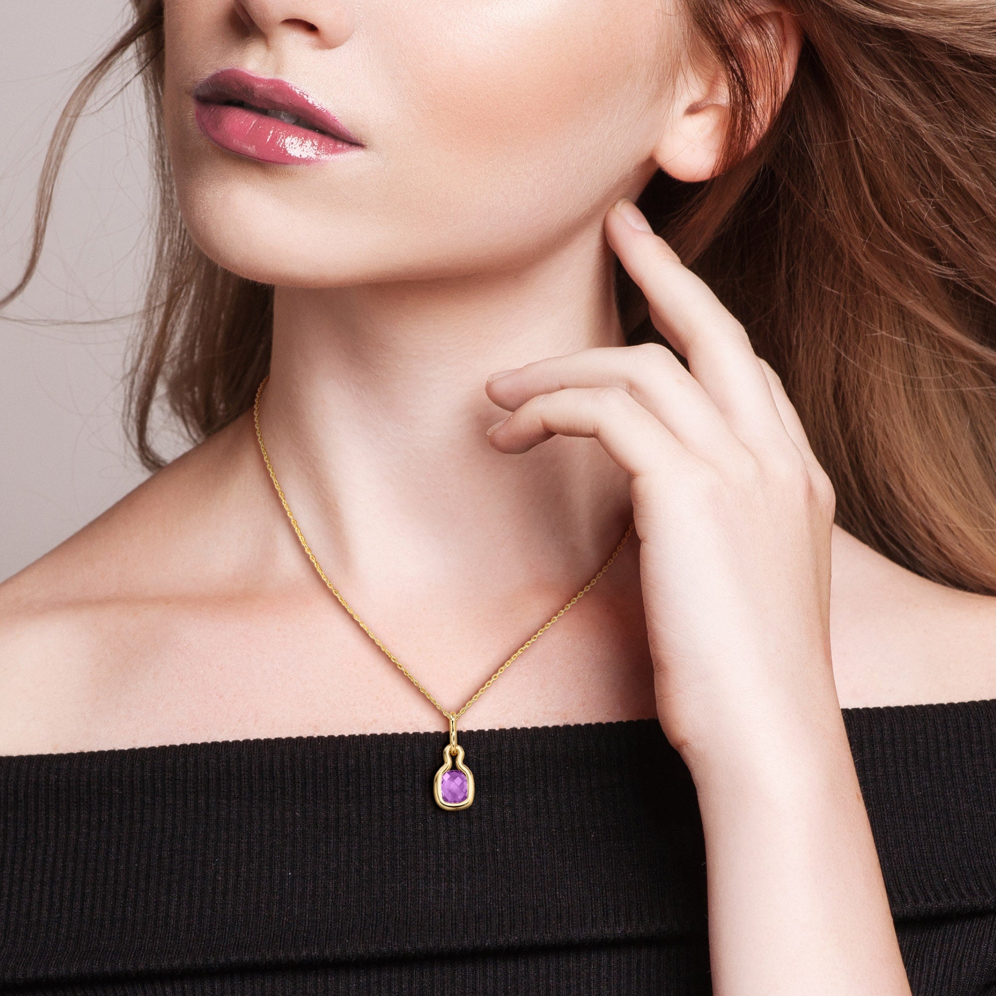 Amethyst solitaire pendant necklace worn on model, lifestyle view by Lord & Taylor