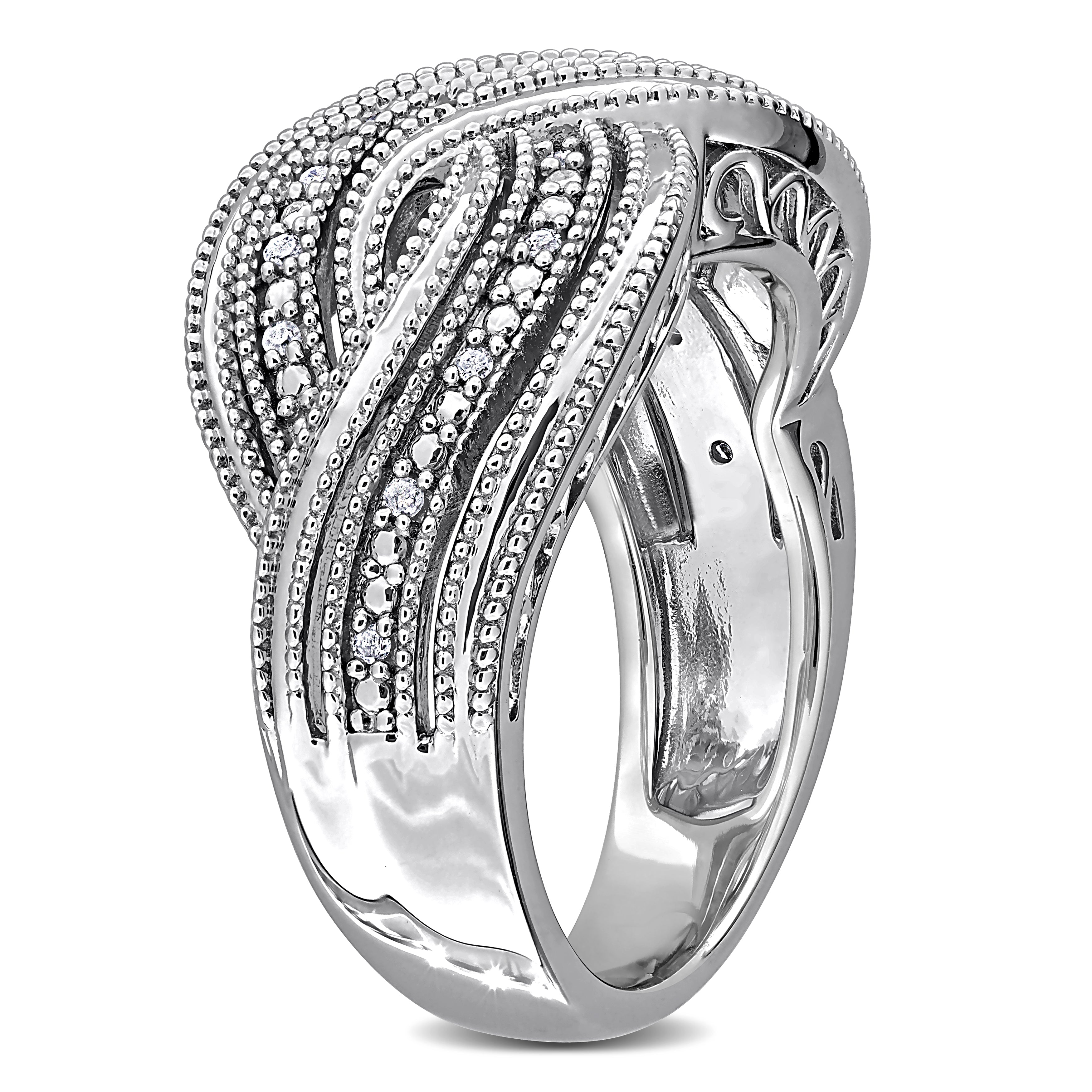 Sterling silver diamond infinity ring, back view showing band detail