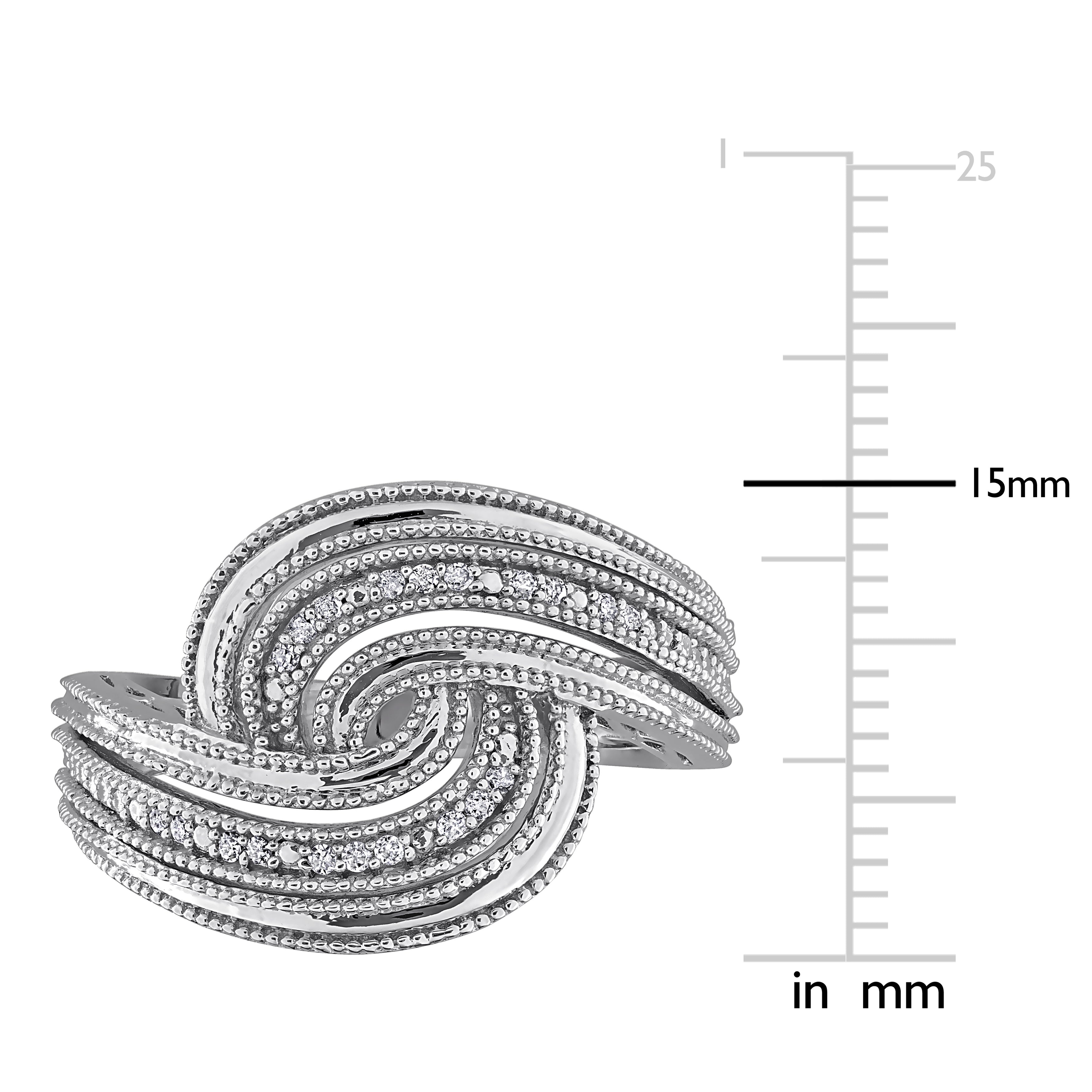 Sterling silver diamond swirl ring, close-up of diamond setting by Lord & Taylor