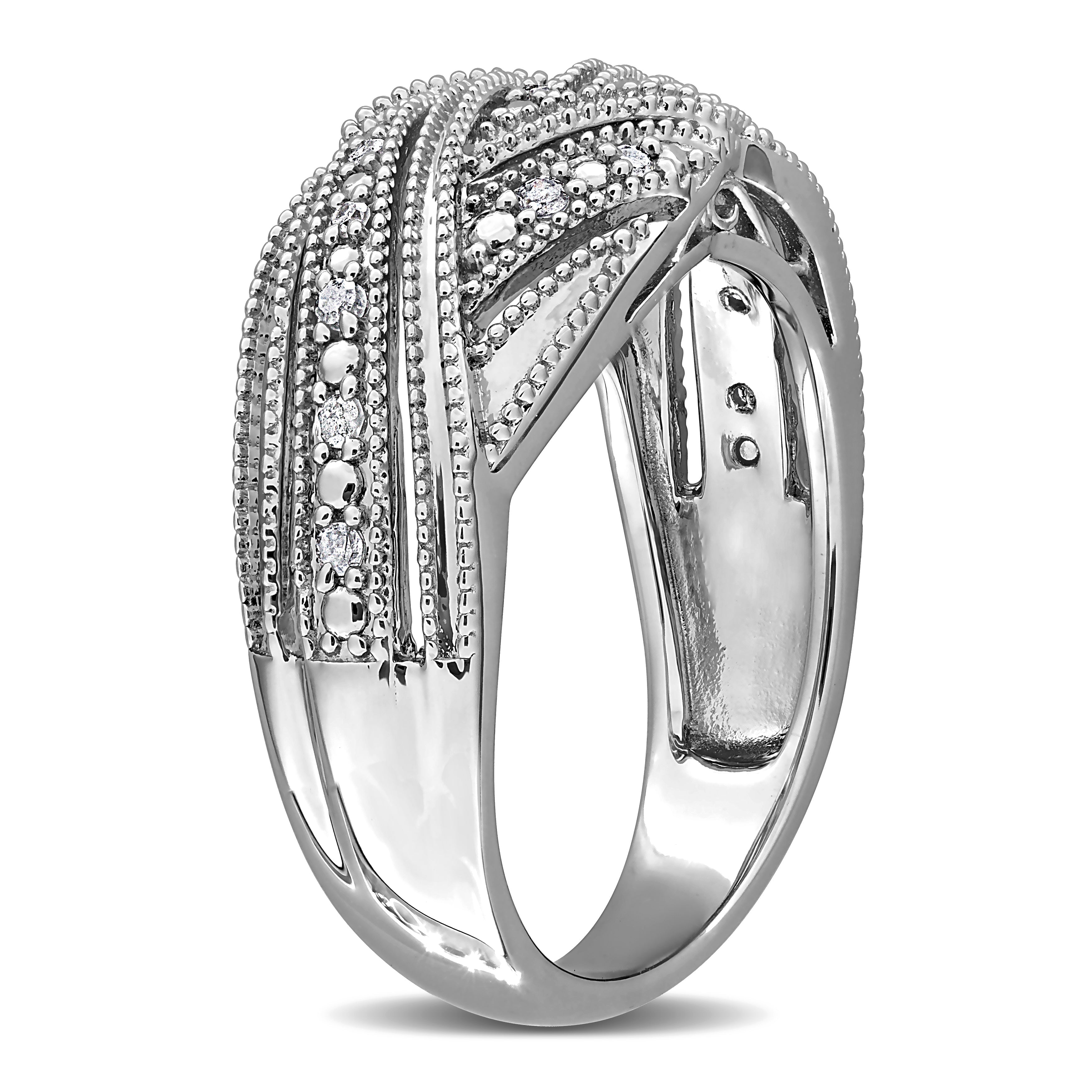 Sterling silver diamond crossover ring, back view showing band by Lord & Taylor