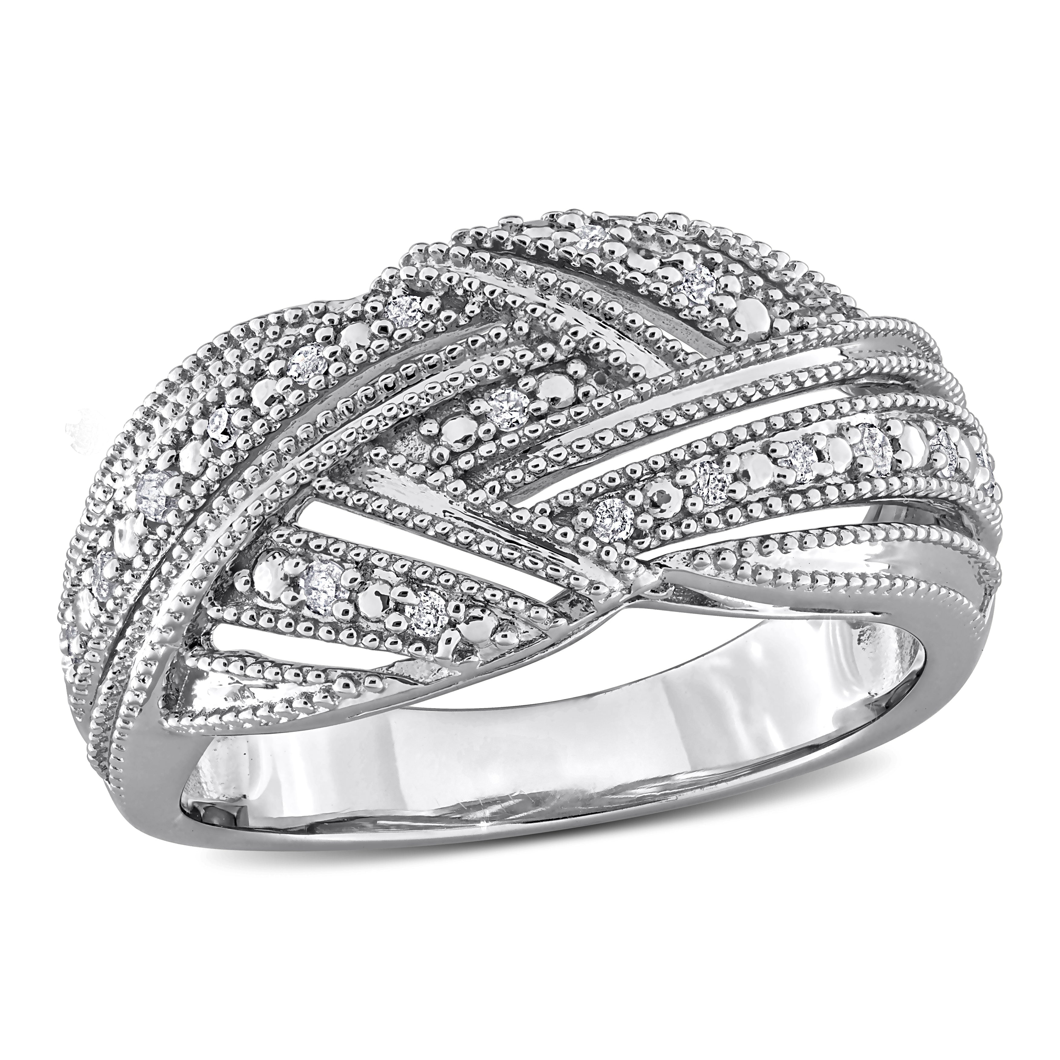 Sterling silver diamond crossover ring with round stones, front view by Lord & Taylor
