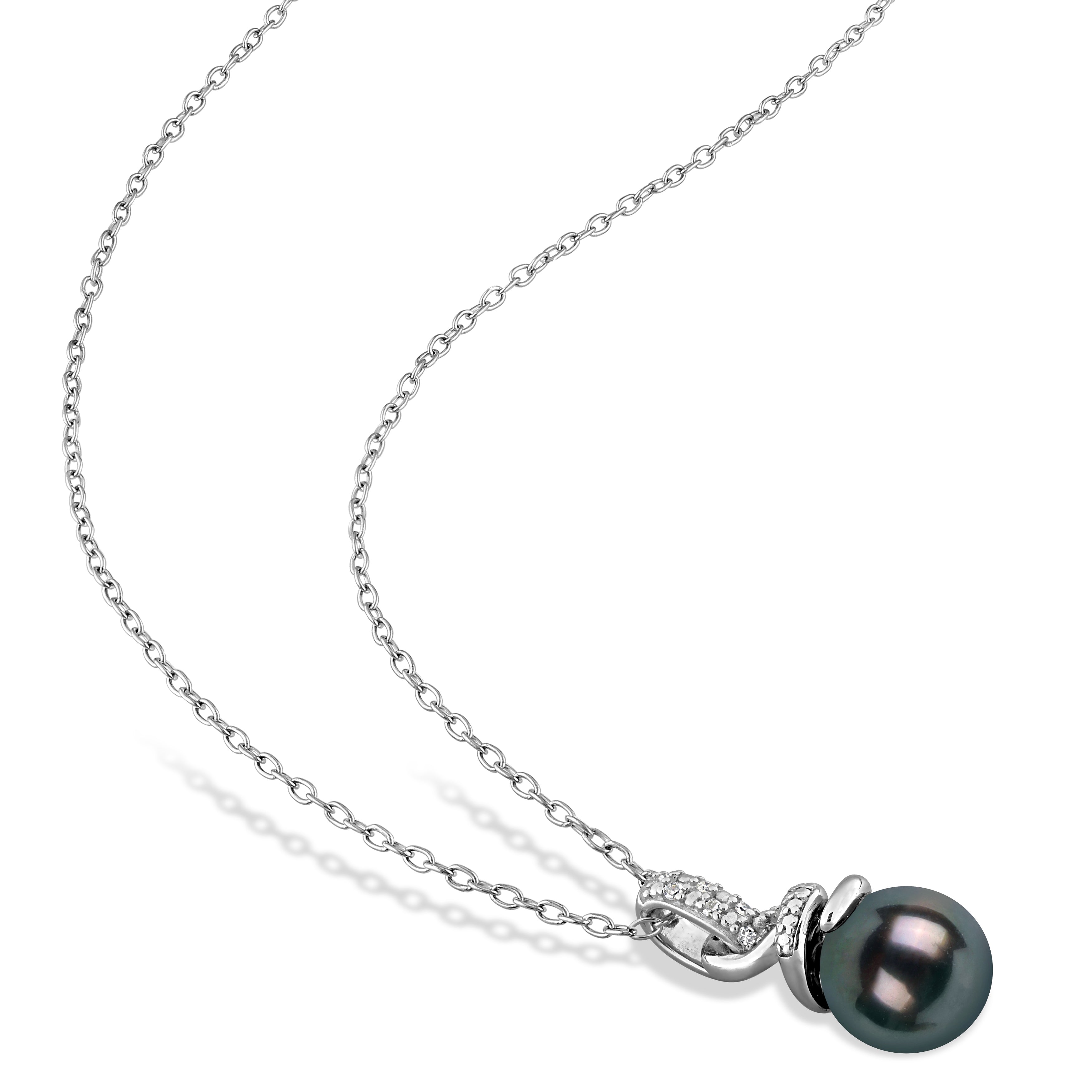 Black Tahitian pearl pendant with swirl sterling silver setting, detail view by Lord & Taylor