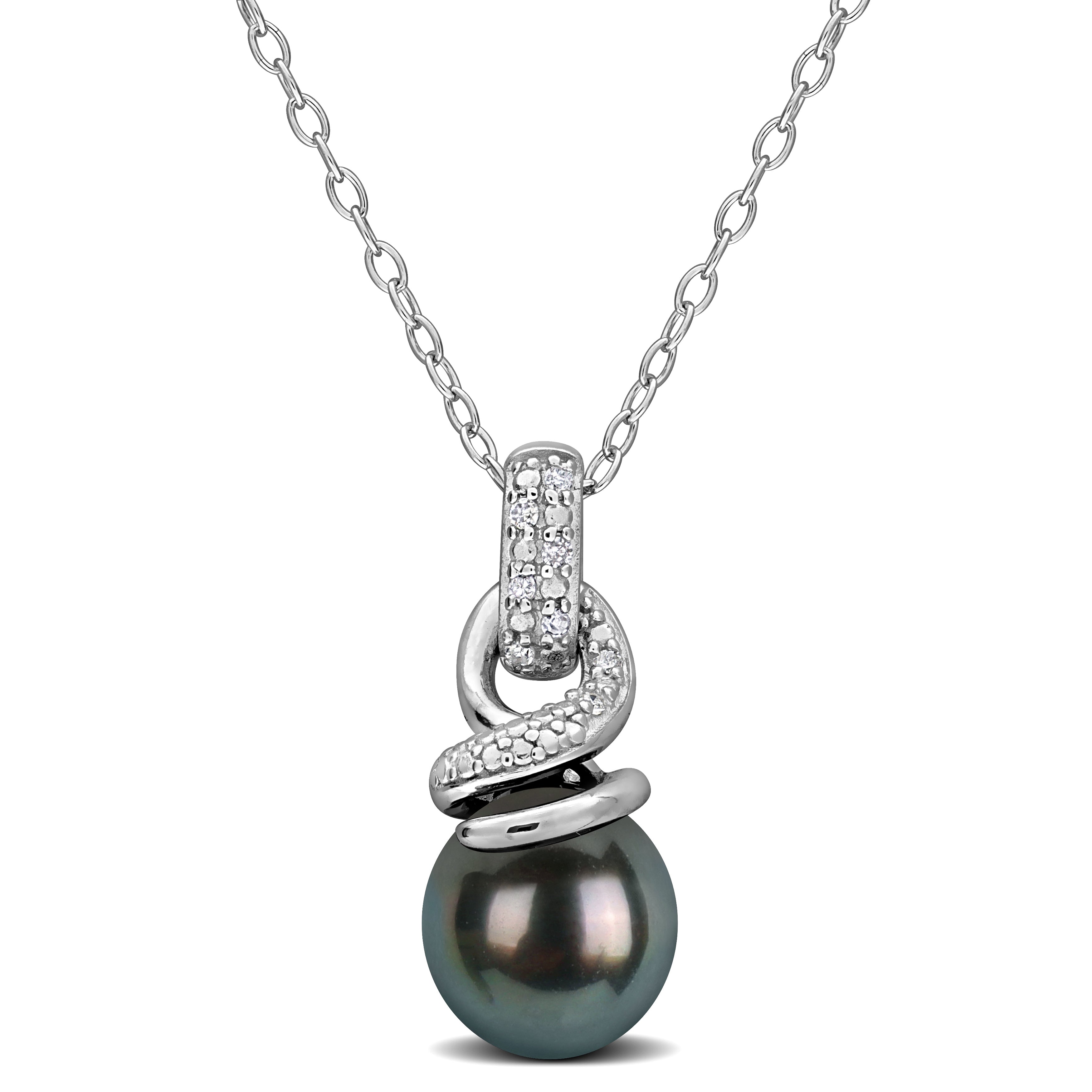 Black Tahitian pearl pendant necklace in sterling silver with diamond accents, front view by Lord & Taylor