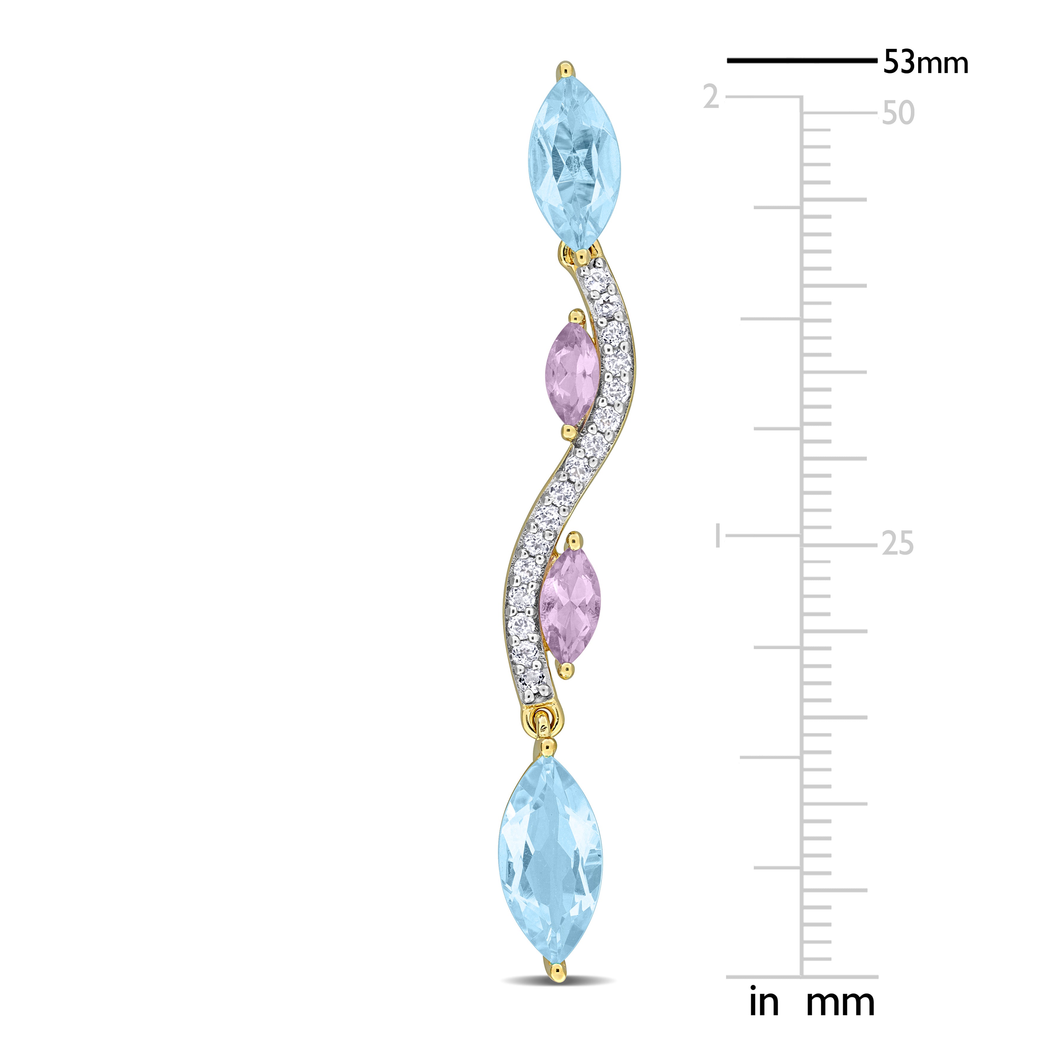 Close-up of yellow-plated sterling silver earring with three gemstones and butterfly back closure