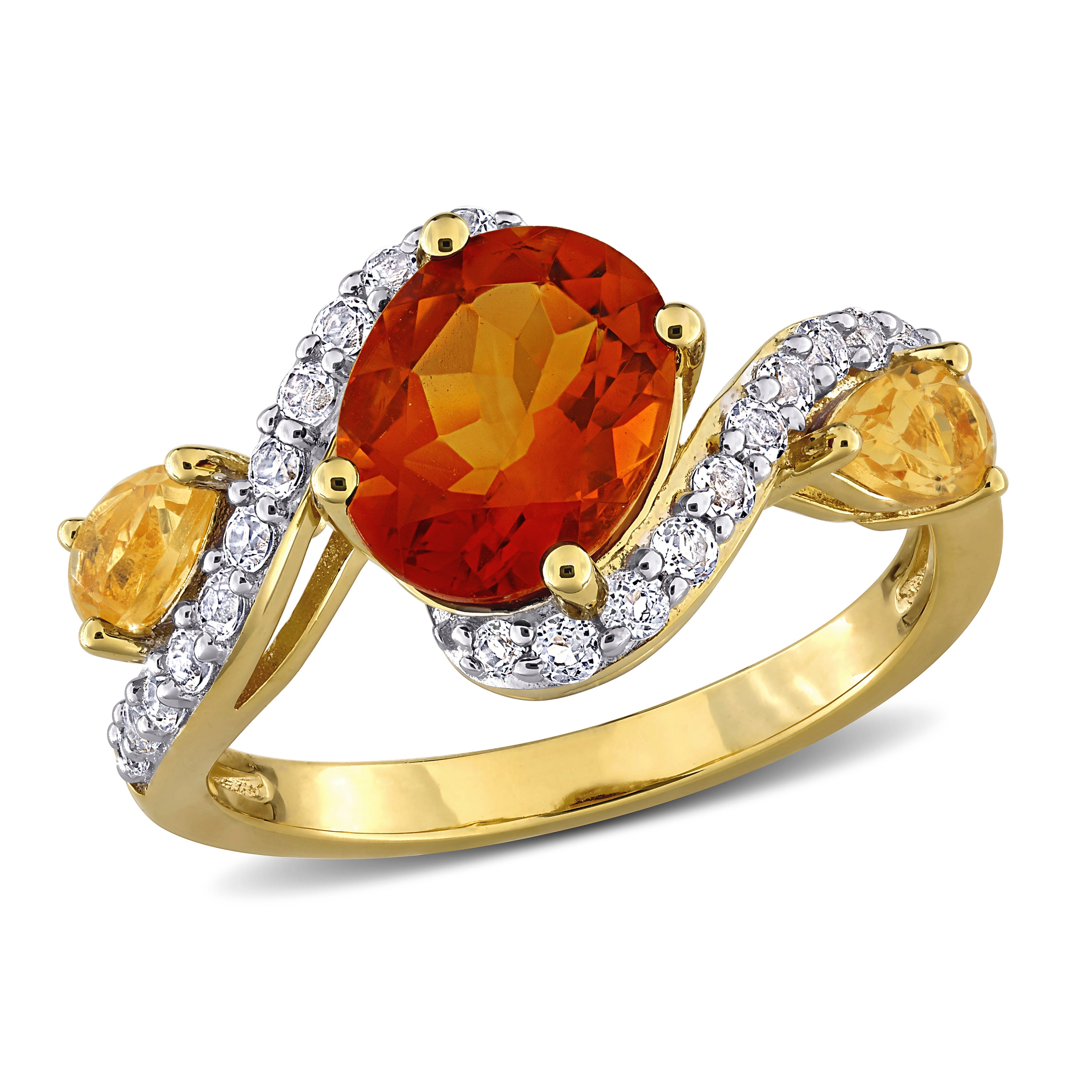 Citrine three-stone swirl ring in yellow-plated sterling silver, front view by Lord & Taylor