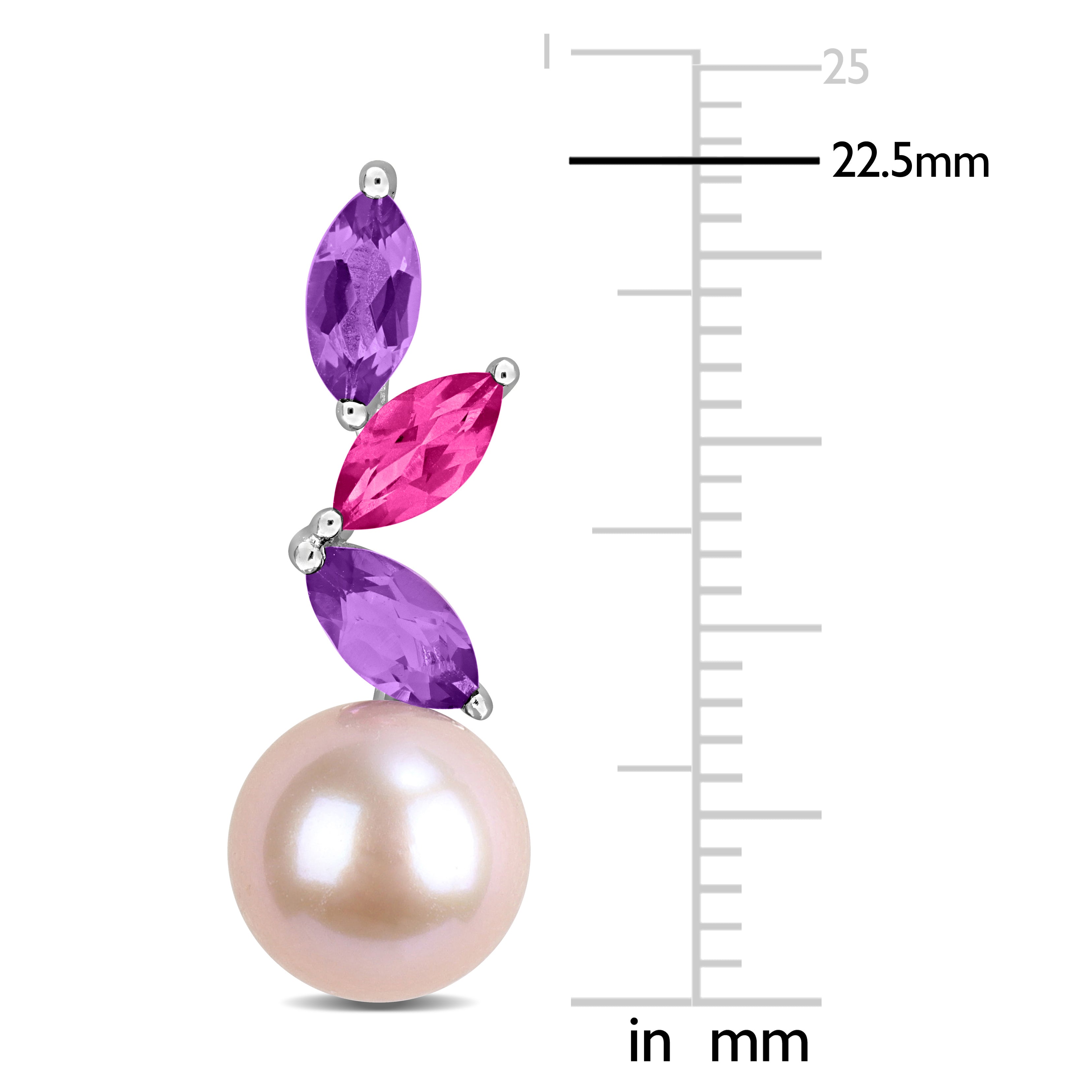 Pink freshwater pearl earrings with amethyst detail, close-up view
