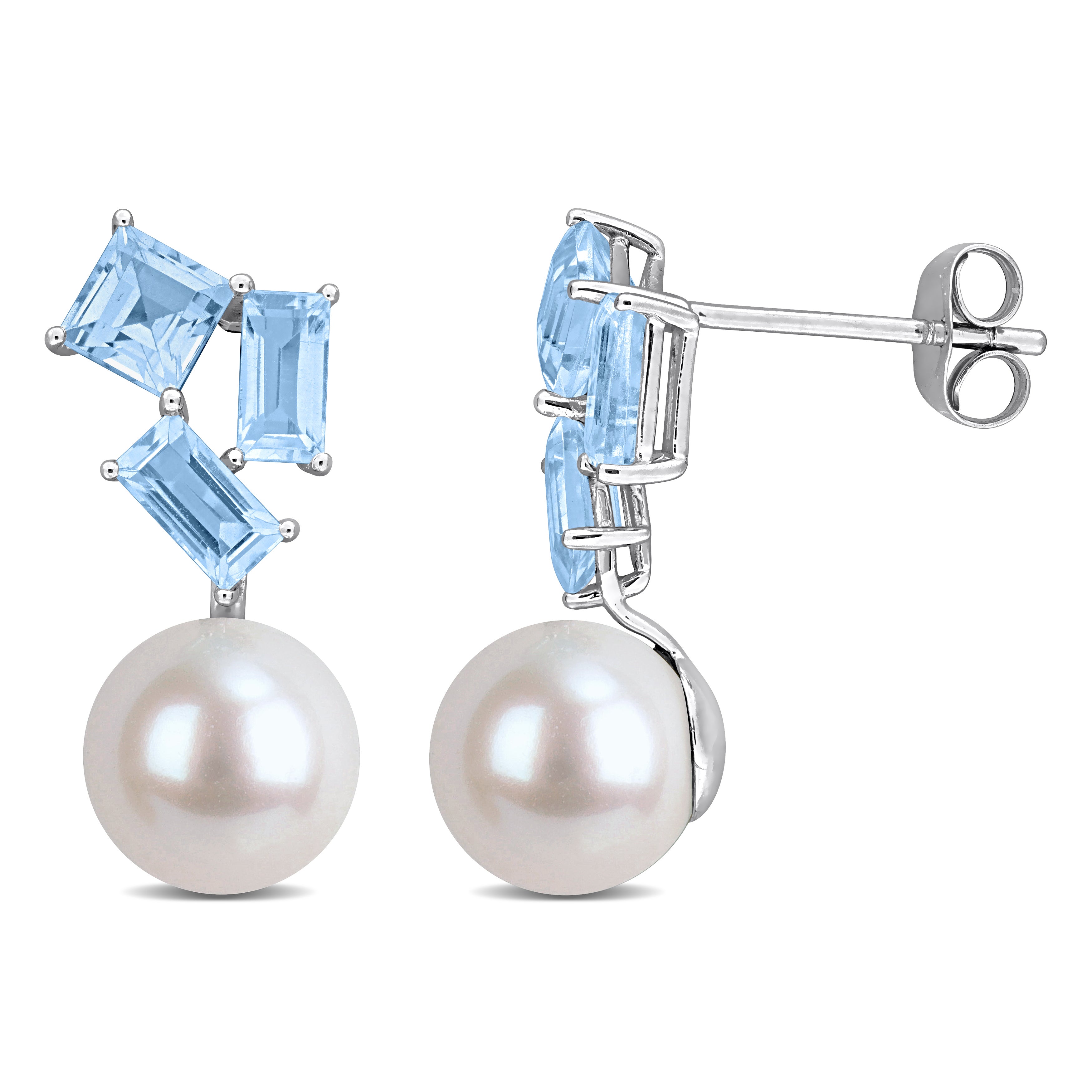 Cultured freshwater pearl earrings with blue topaz gemstones in 10k white gold, detail view