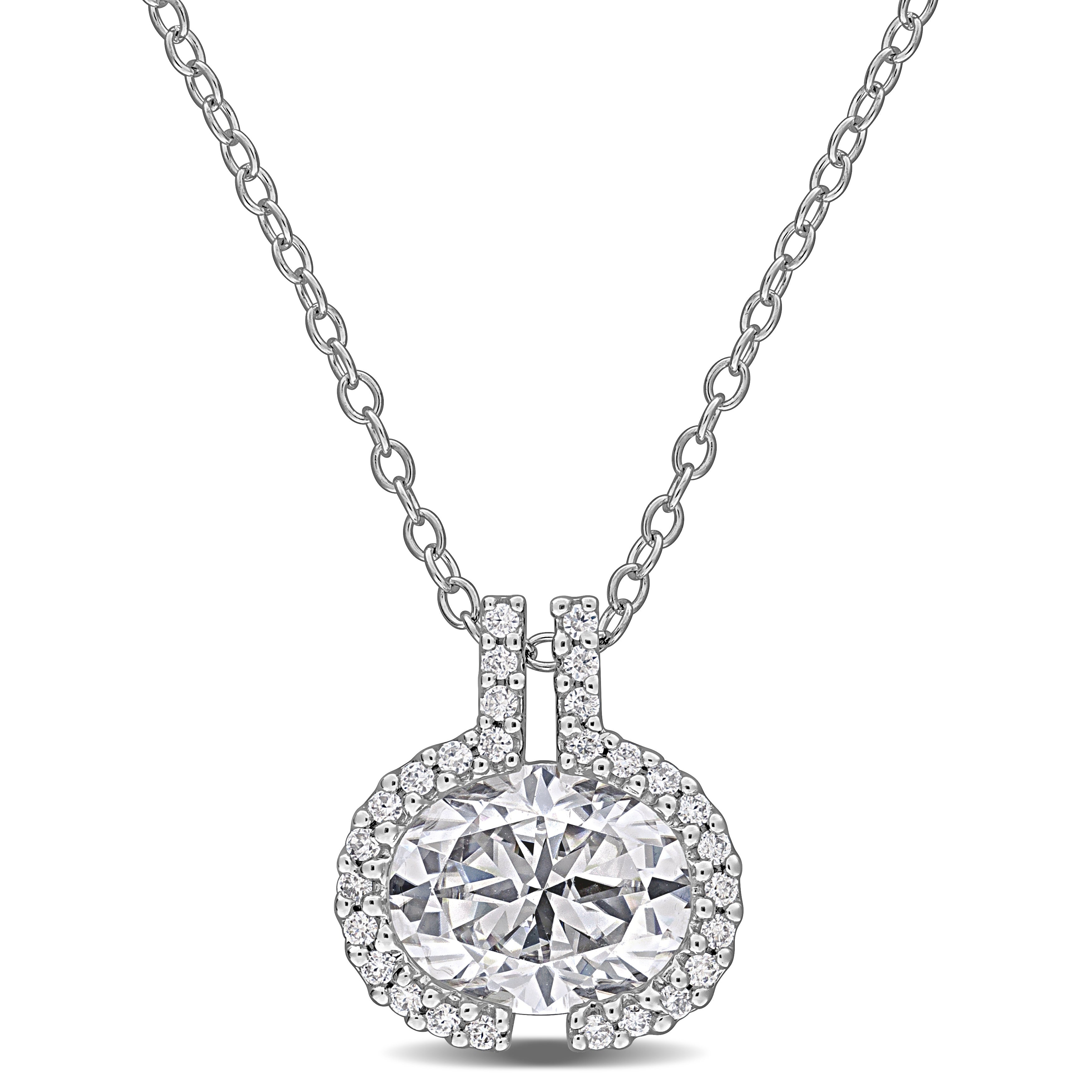 Sterling silver oval moissanite pendant necklace with halo by Lord & Taylor, front view
