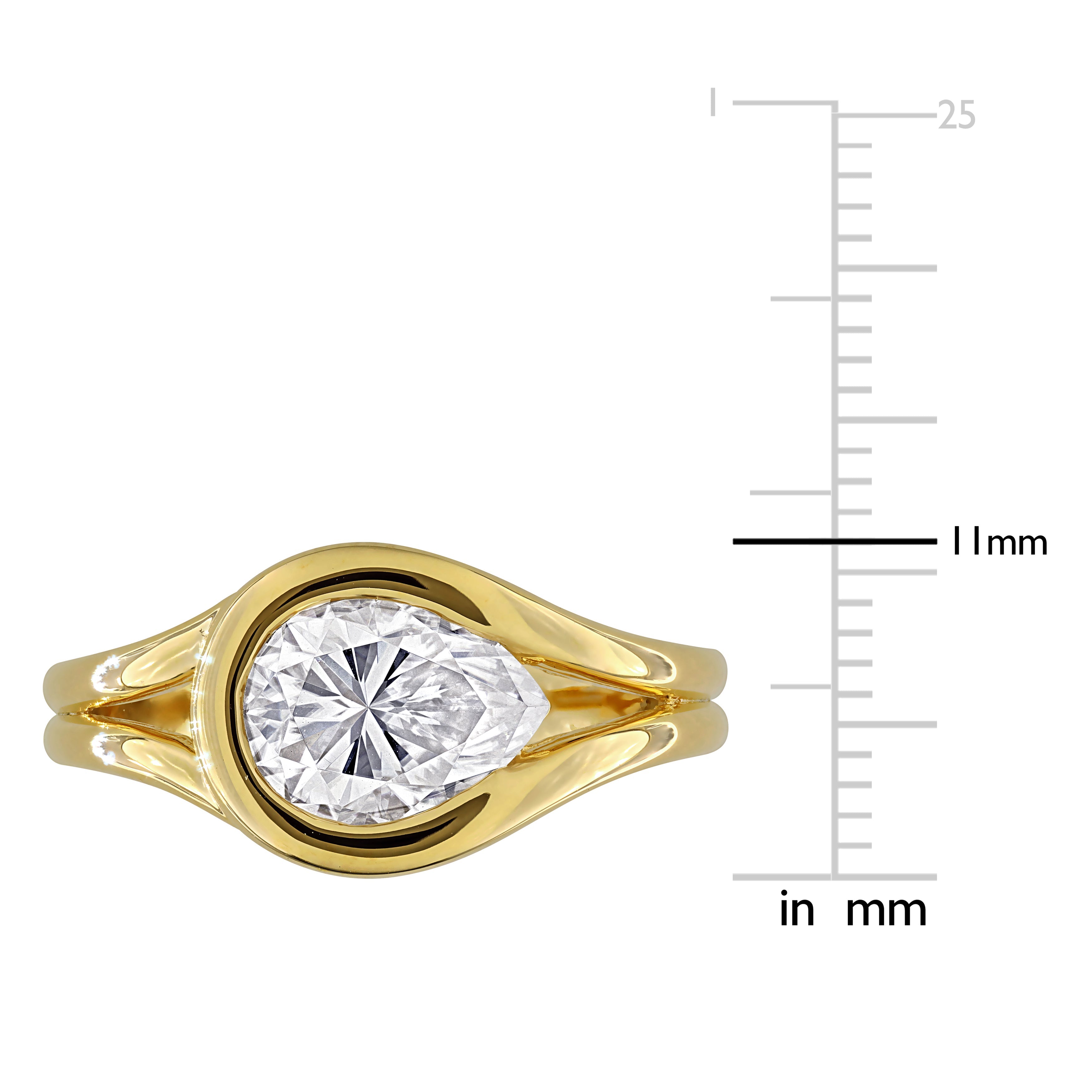 Pear-shaped moissanite gemstone close-up in yellow gold plated setting by Lord & Taylor