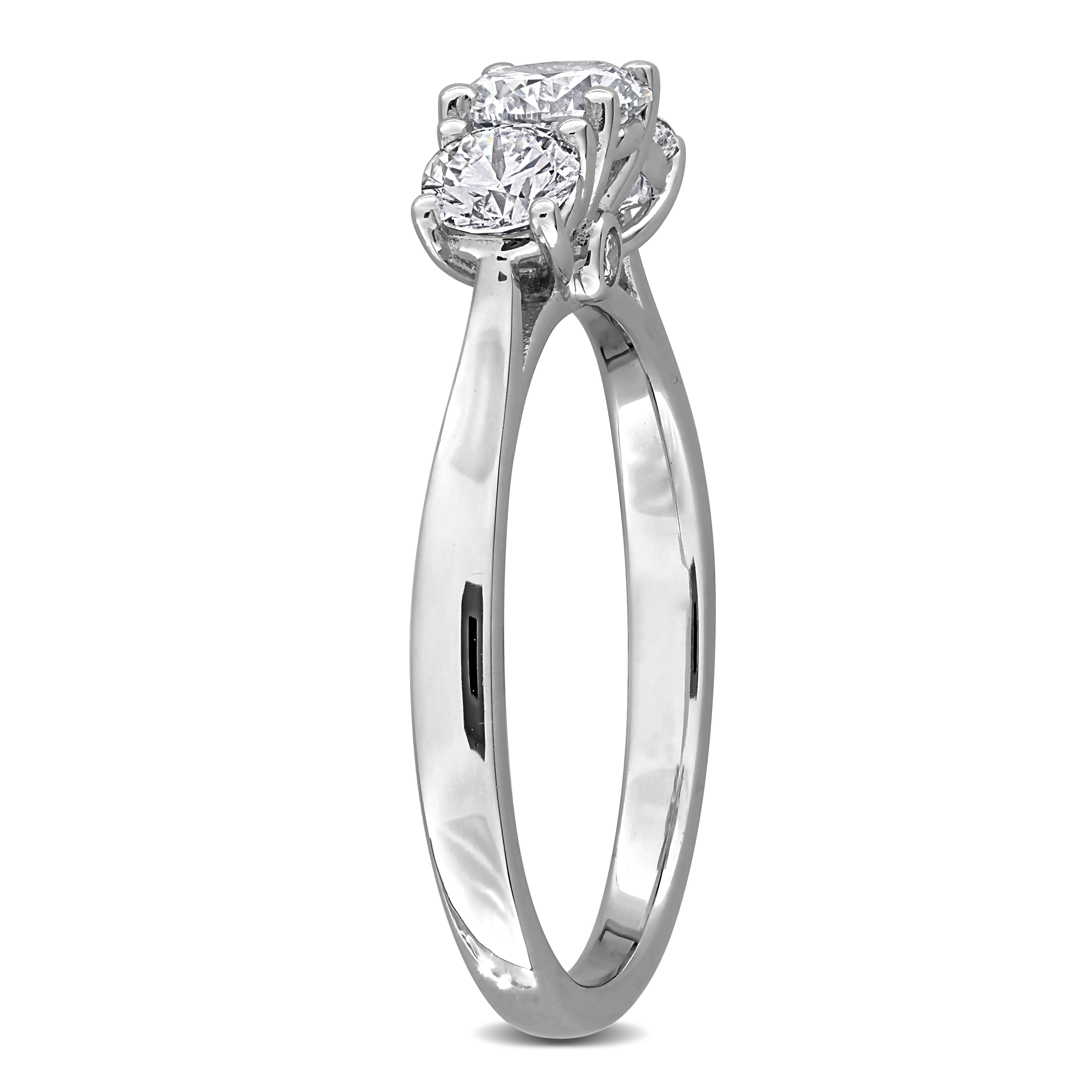 Sterling silver three-stone engagement ring with lab-grown diamonds, side profile by Lord & Taylor