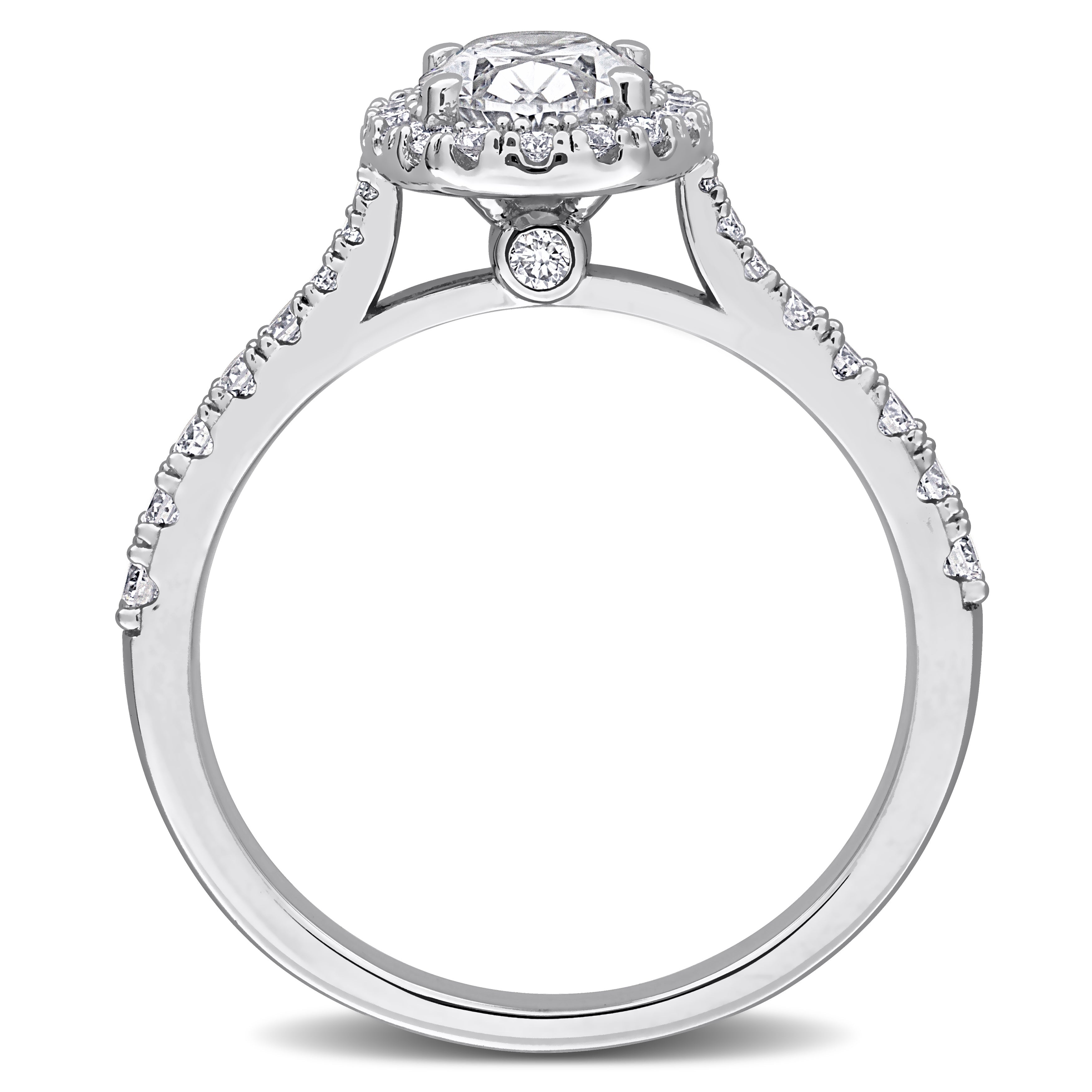Sterling silver oval halo engagement ring with lab-grown diamonds, angled view
