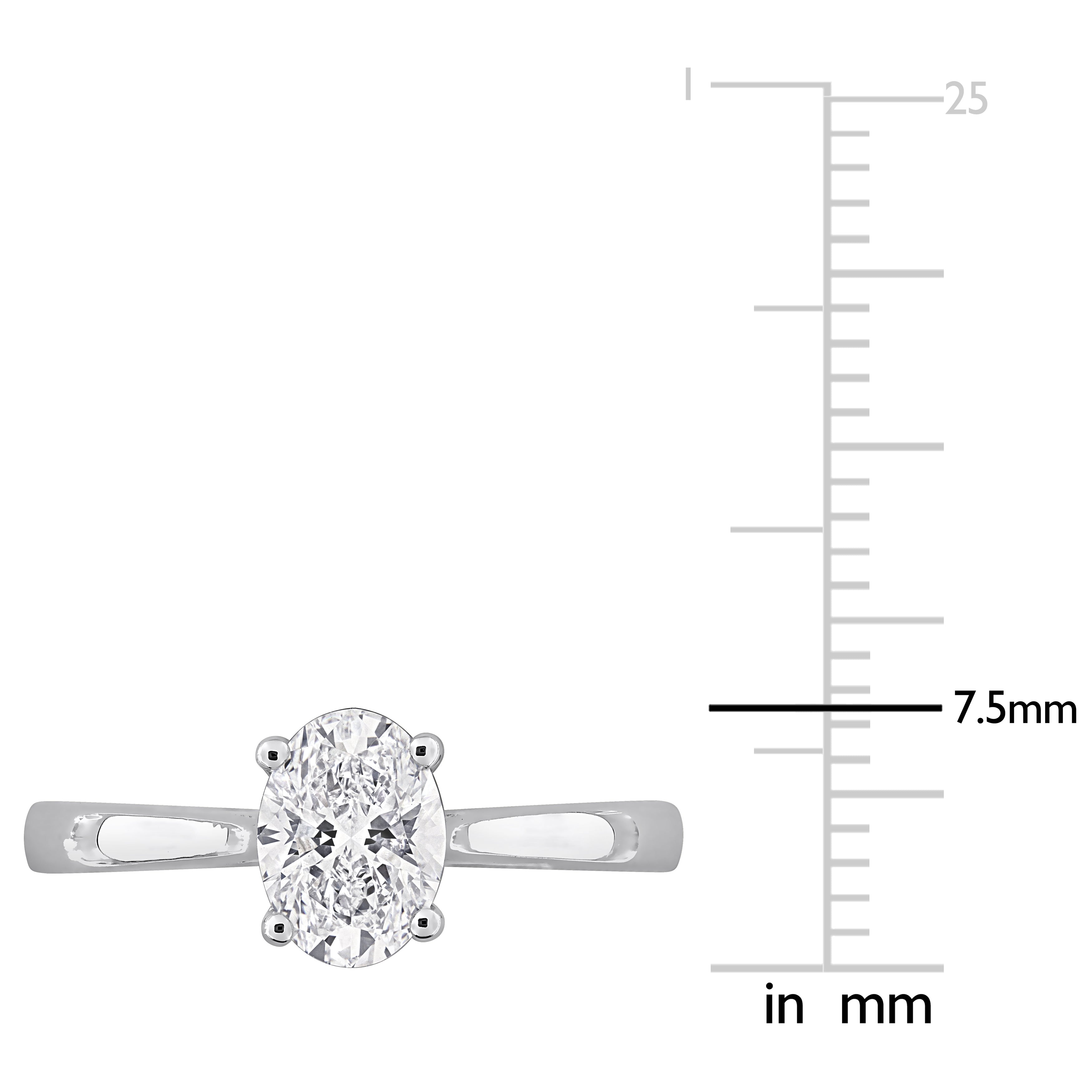 Sterling silver oval lab-grown diamond engagement ring by Delmar, close-up of center stone