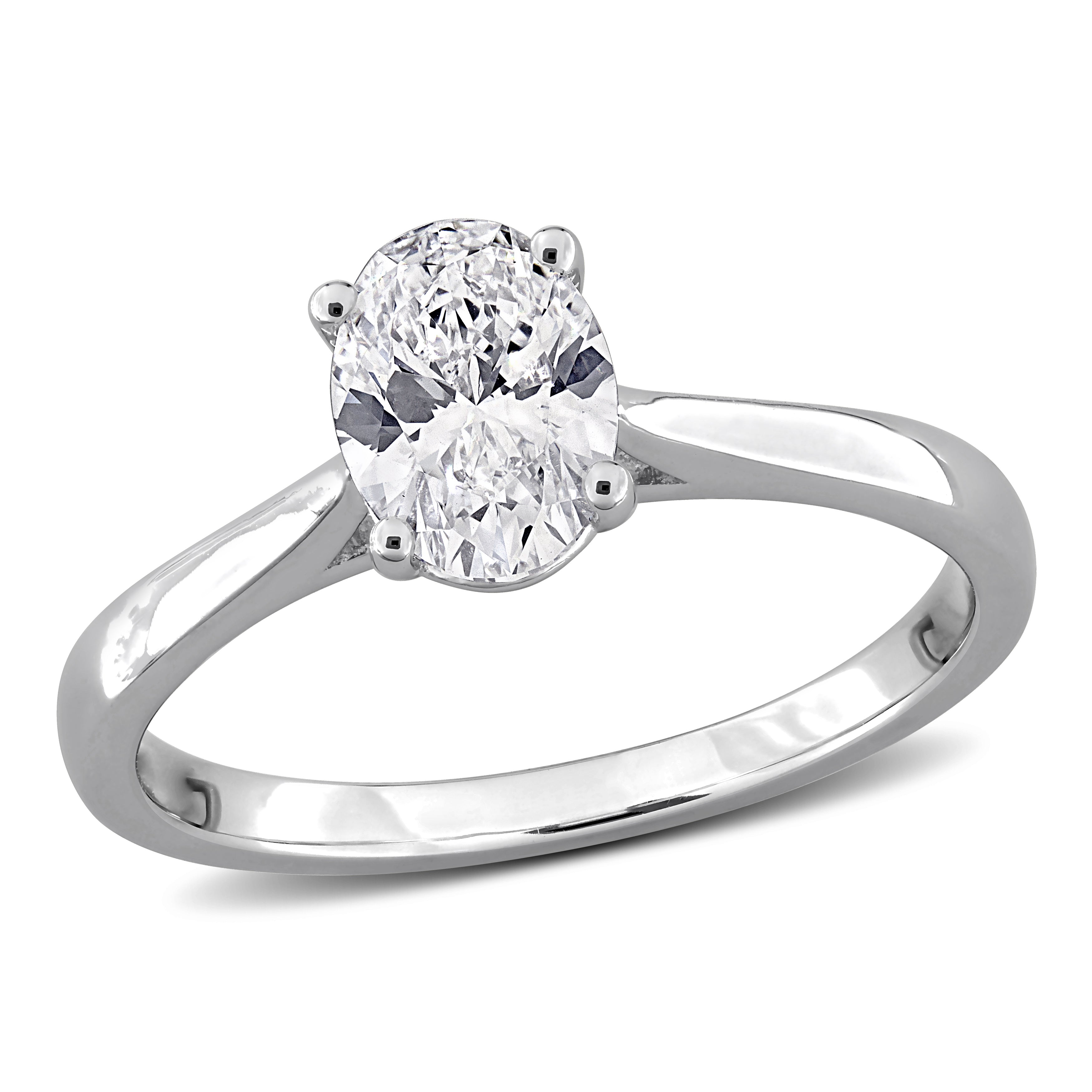 Sterling silver oval lab-grown diamond engagement ring by Delmar, front view