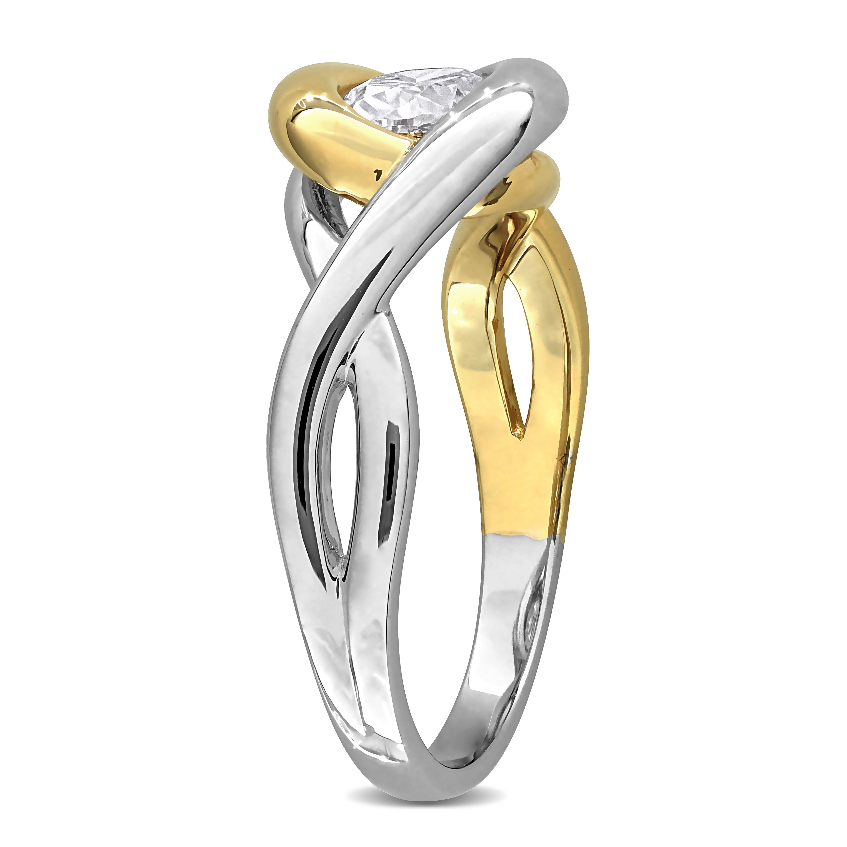 Two-tone sterling silver moissanite ring, back view showing band