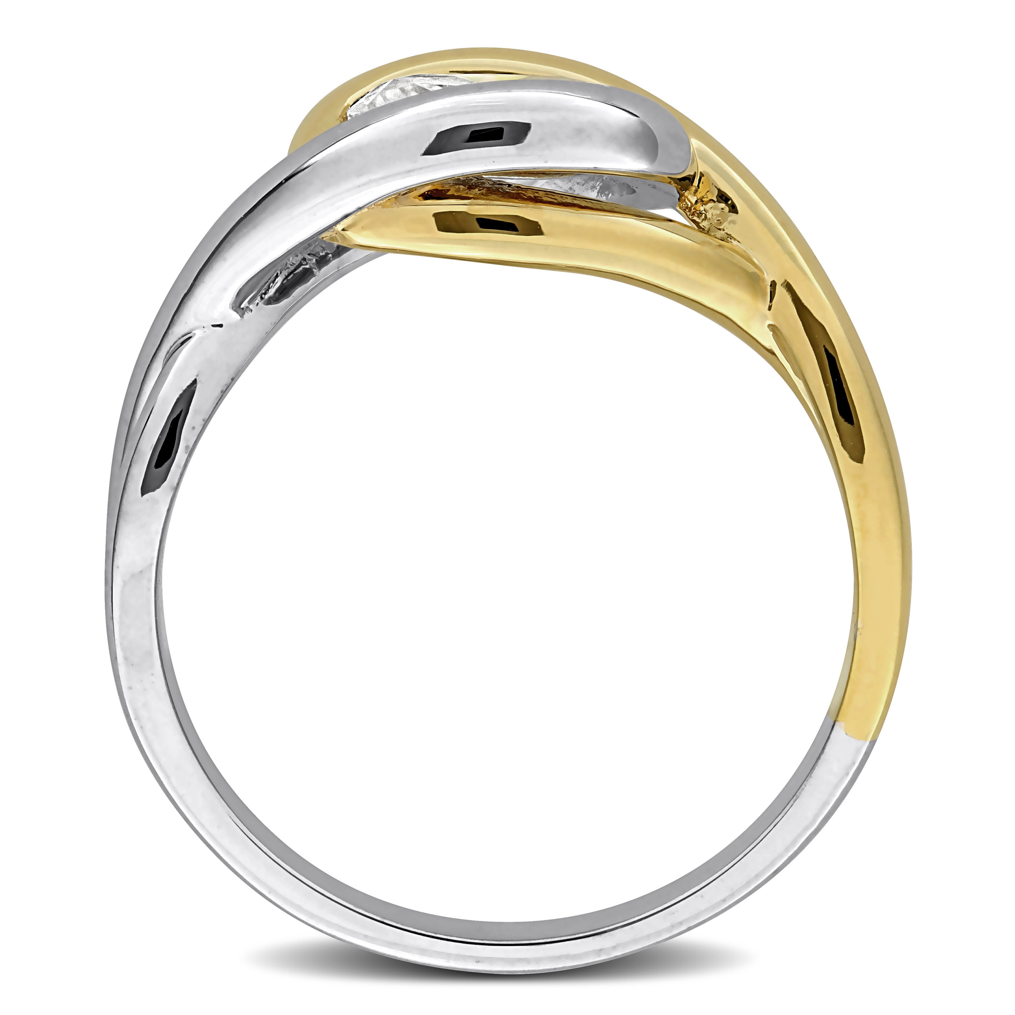 Oval moissanite solitaire ring in two-tone silver, diagonal angle