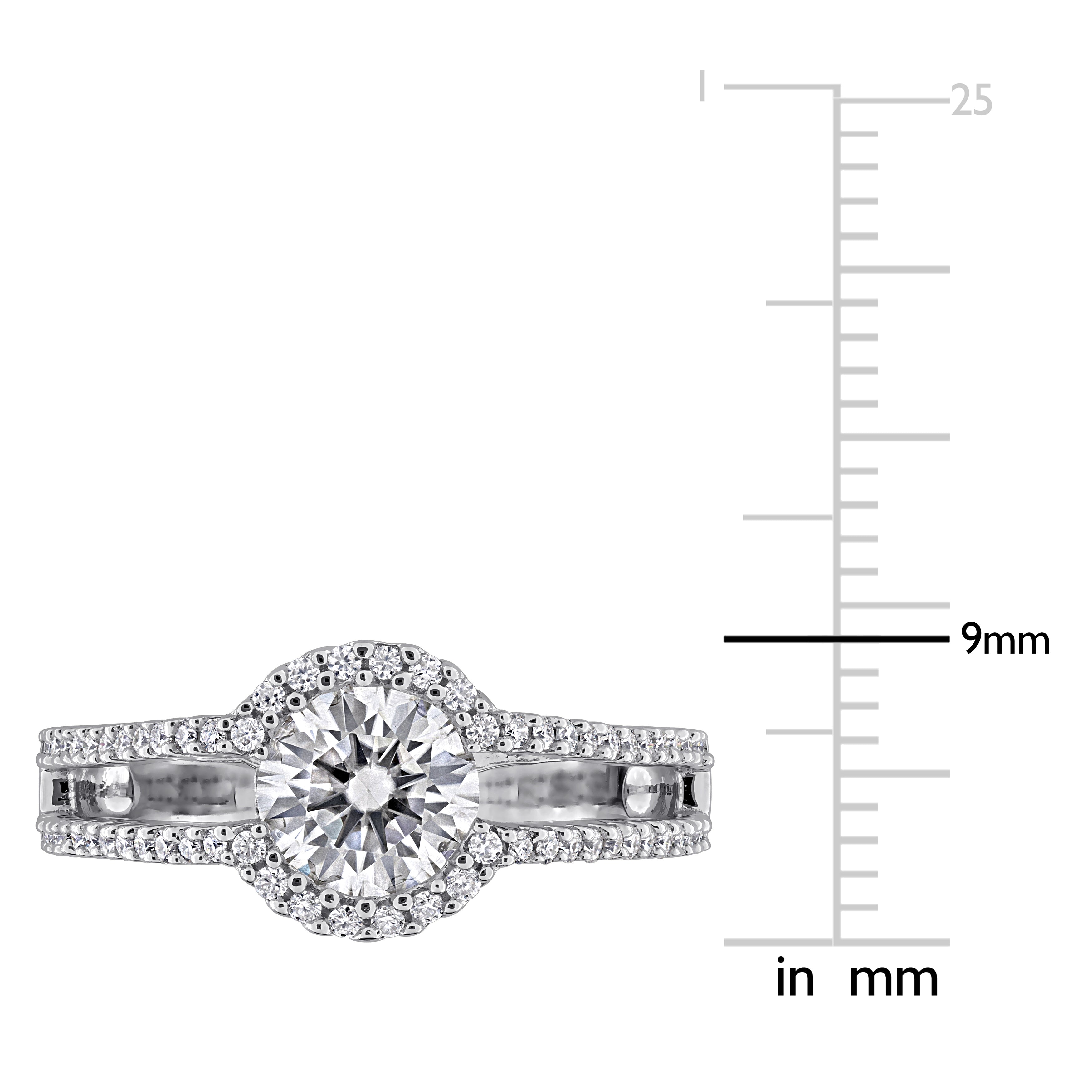 Close-up of round-cut moissanite stones in sterling silver setting