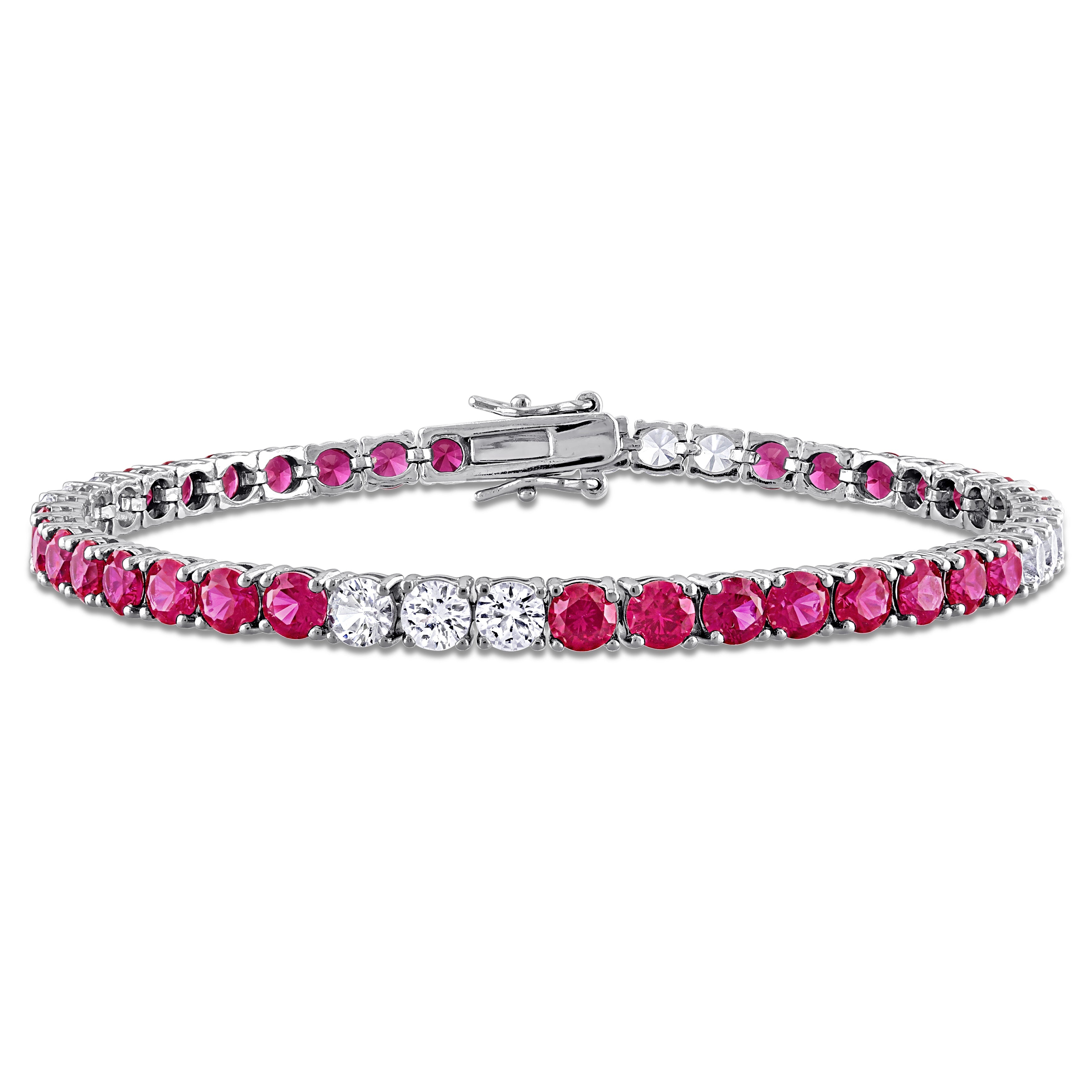 Red and white tennis bracelet with created rubies and sapphires in sterling silver, front view by Lord & Taylor